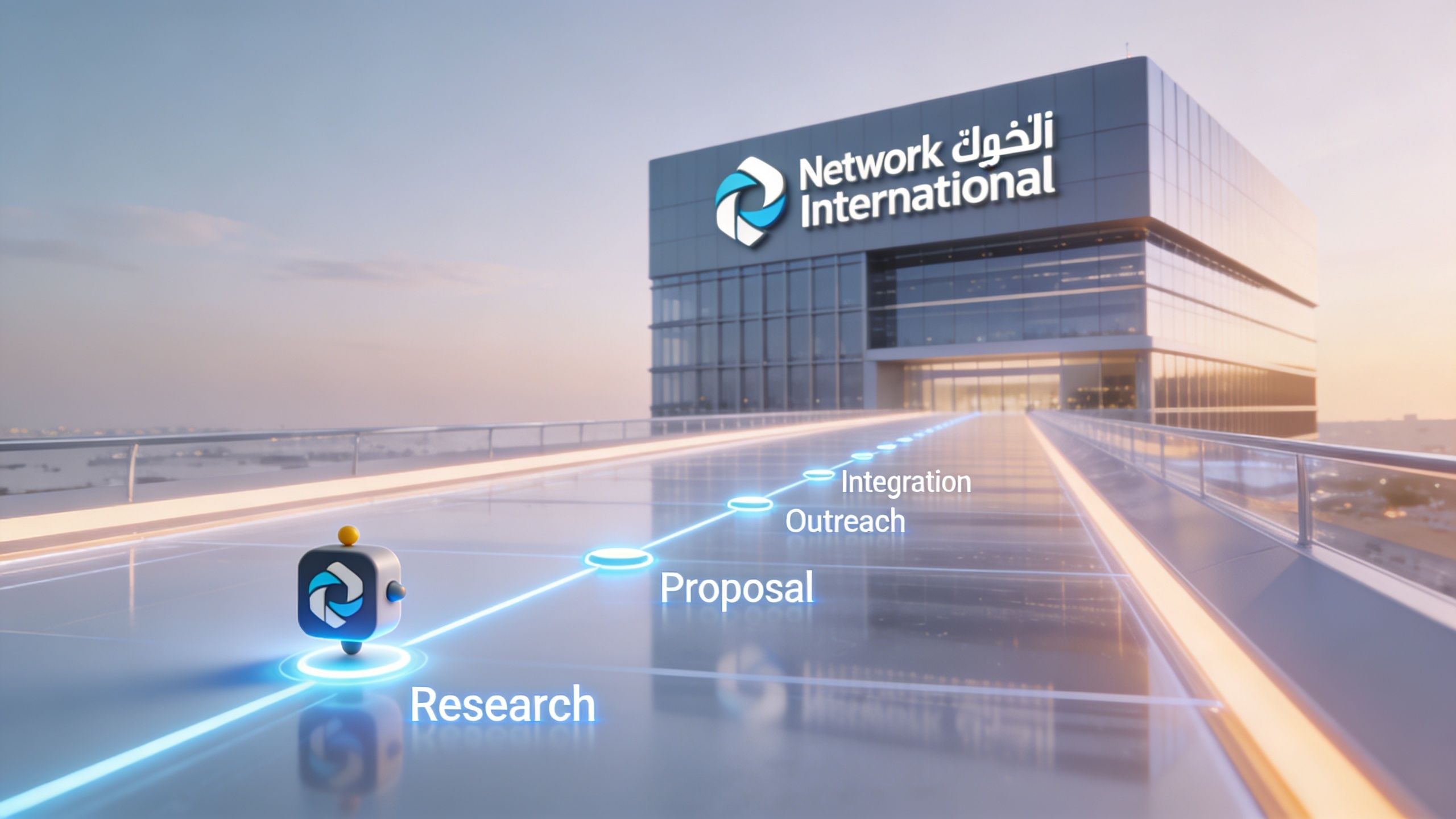 A digital illustration showing a robot on a path leading toward the Network International corporate headquarters building.