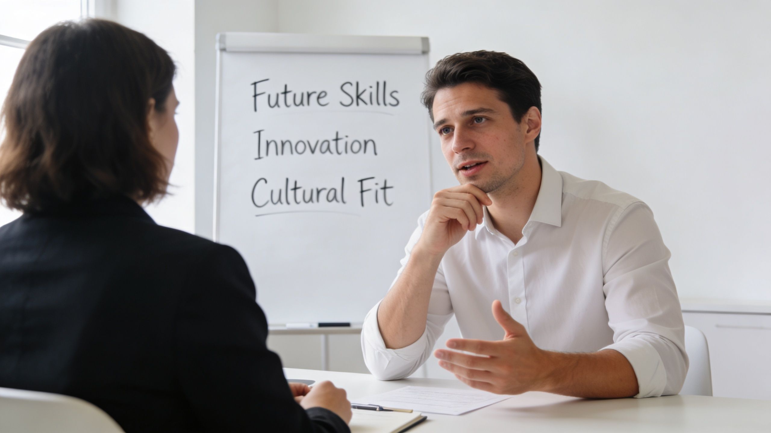 A professional man and woman having a job interview in a bright, modern office setting.