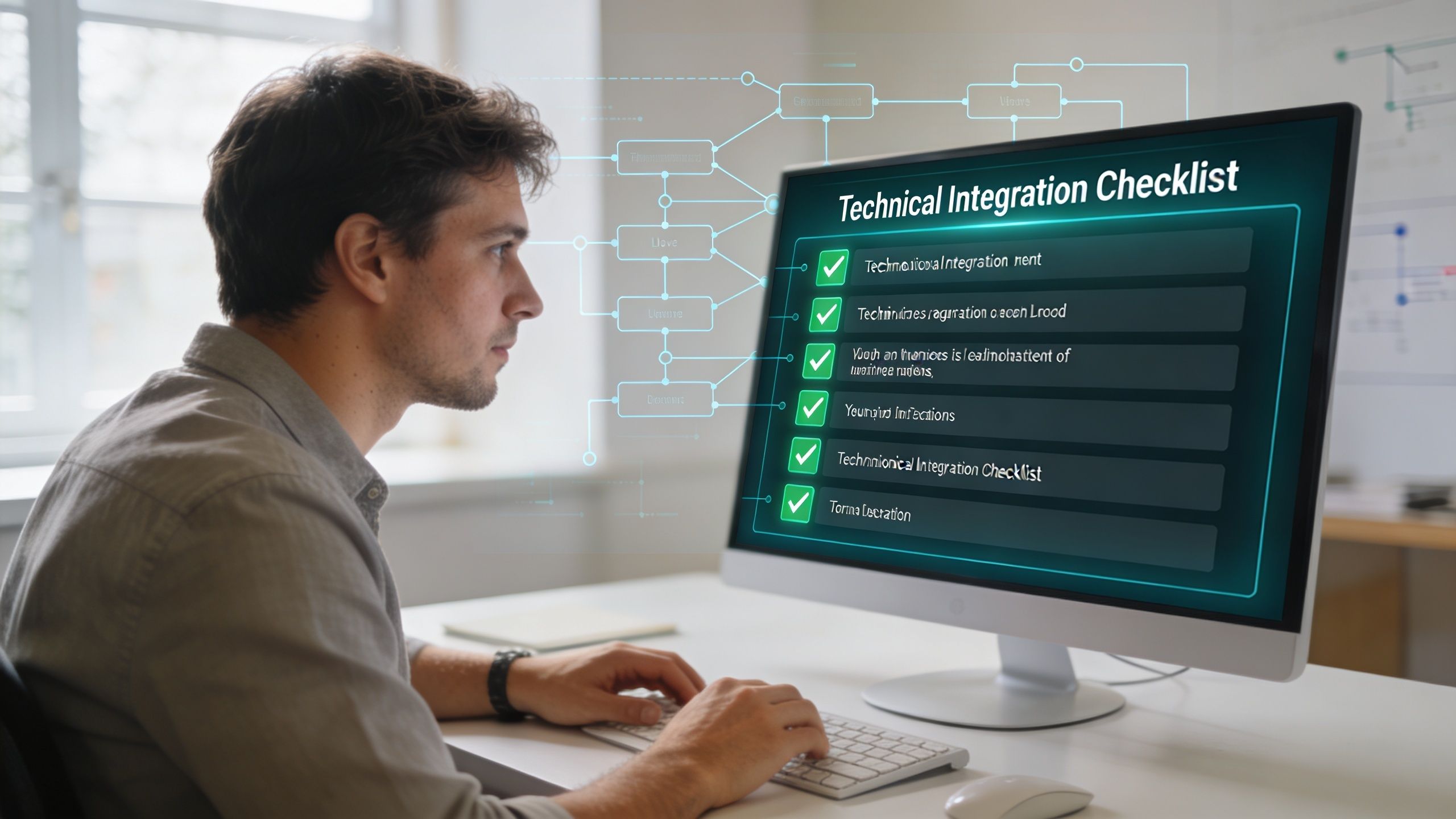 A professional man reviewing a digital technical integration checklist on a computer monitor in an office.