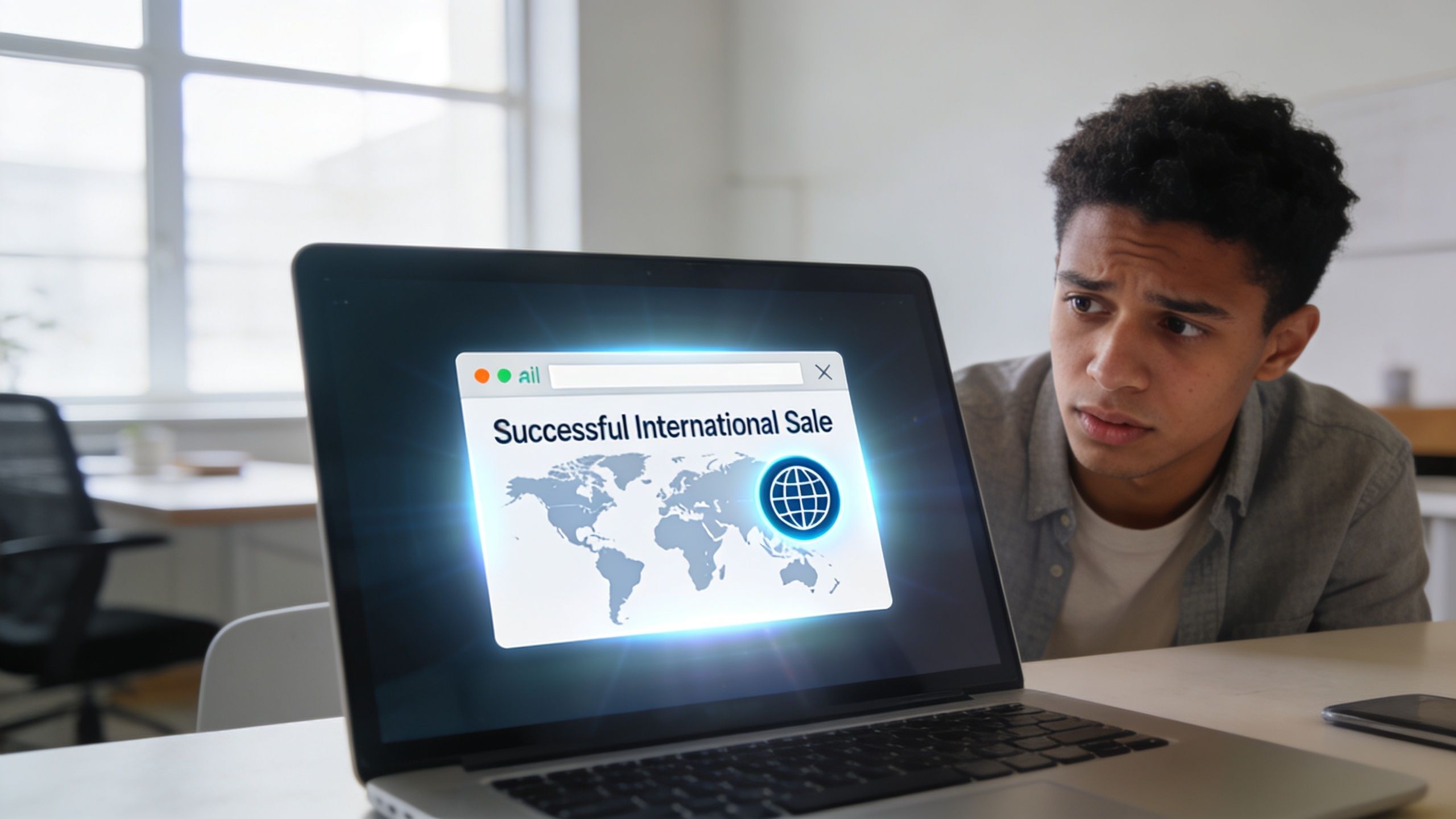A young man looking intently at a laptop screen displaying a successful international sale notification.