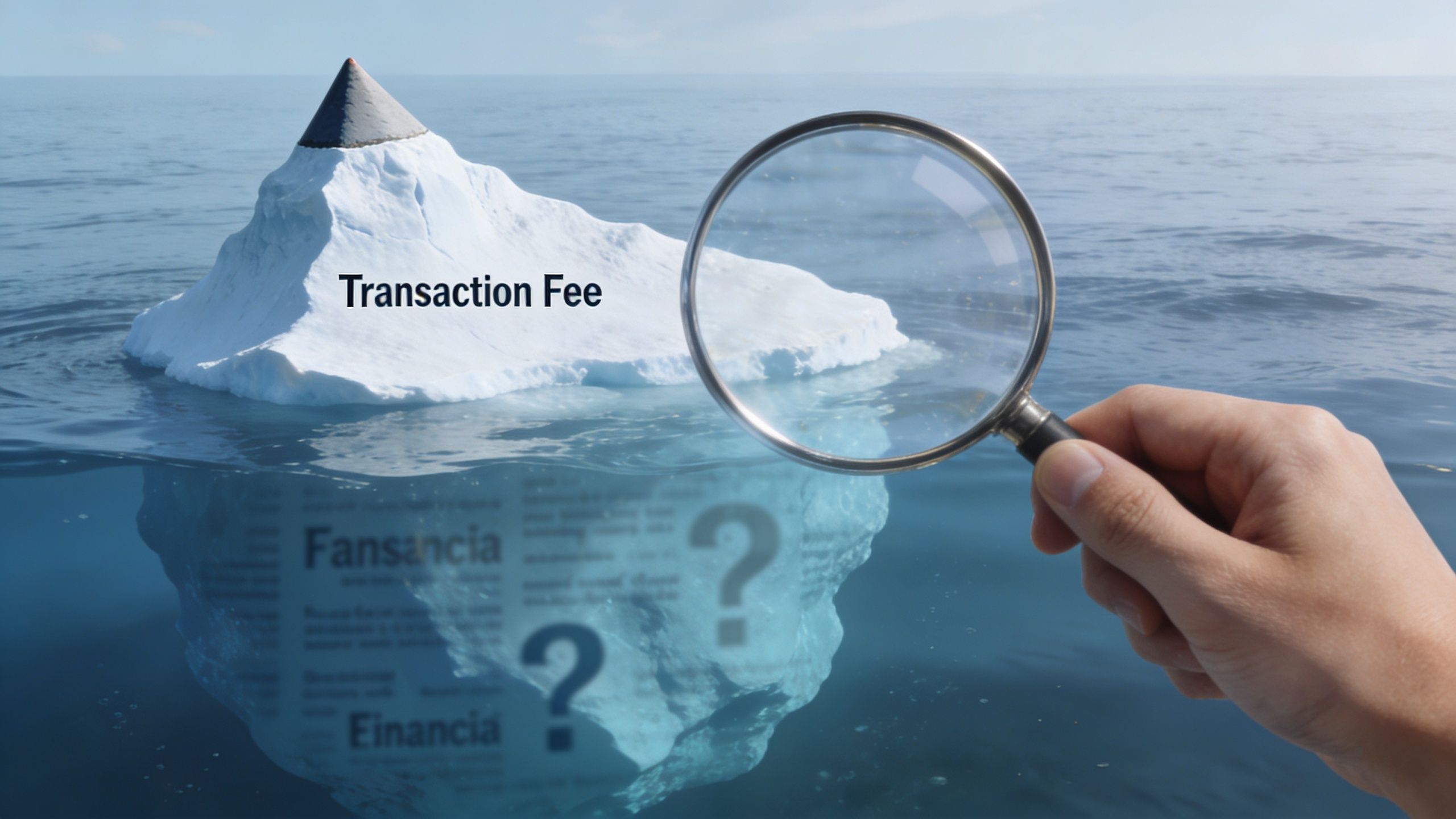 An iceberg illustration representing hidden costs with a magnifying glass held up to the transaction fee.