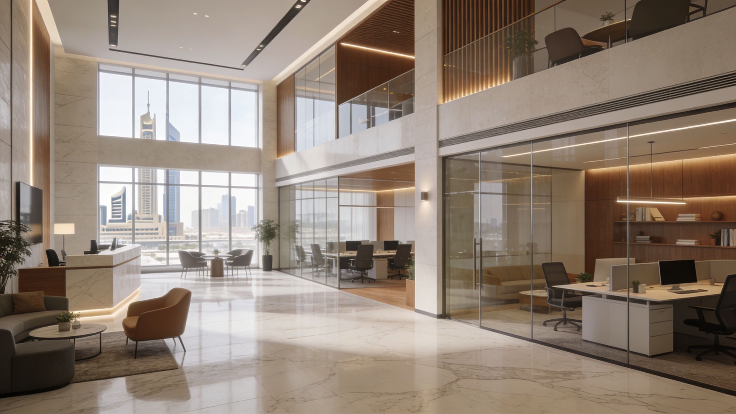 A modern and luxurious office lobby featuring glass partitions, marble flooring, and panoramic city skyline views.