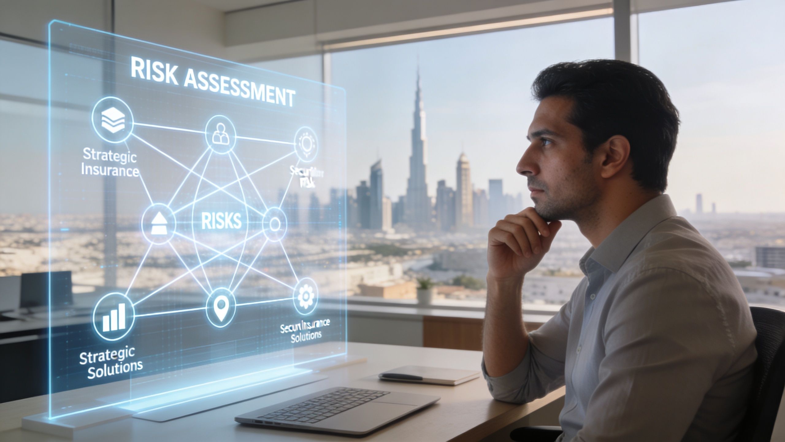 A professional analyzing a digital holographic risk assessment interface with a Dubai cityscape in the background.