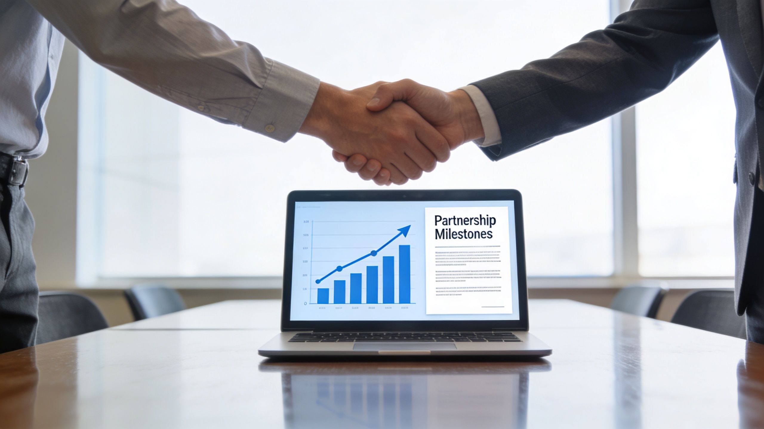 Two business partners shaking hands over a laptop displaying a growth graph and partnership milestones.