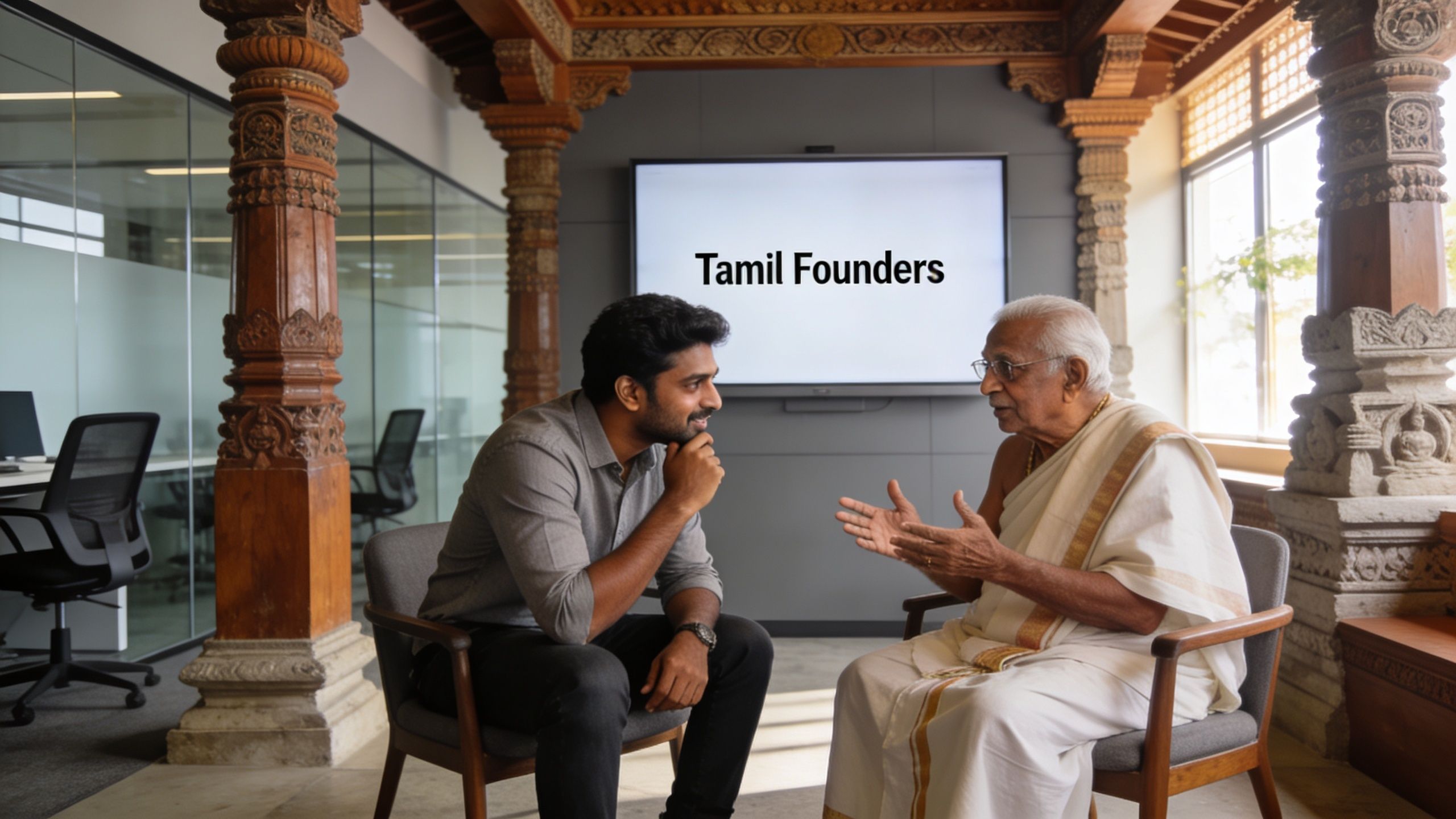 A young man having a thoughtful discussion with an elderly man in a traditional office setting.