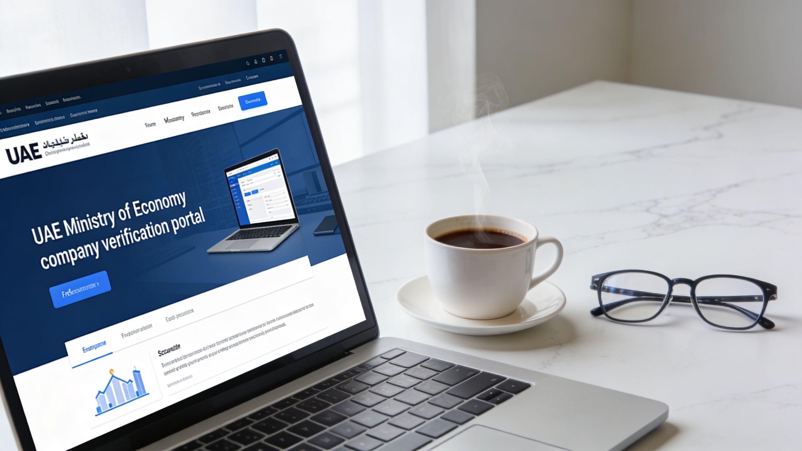A laptop displaying the UAE Ministry of Economy company verification portal website next to a cup of coffee.
