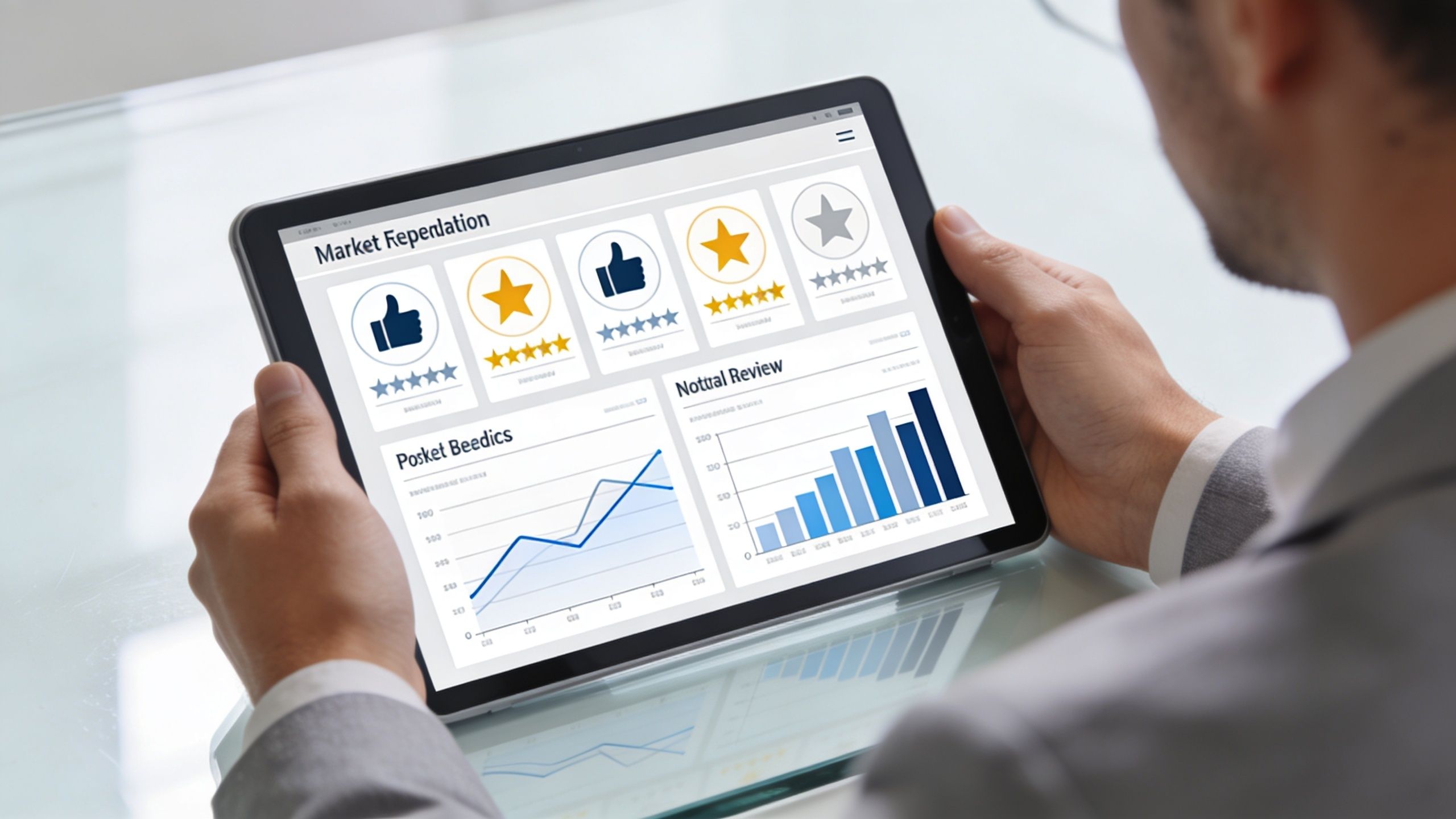 A businessman viewing market reputation data and performance analytics on a tablet screen in an office.