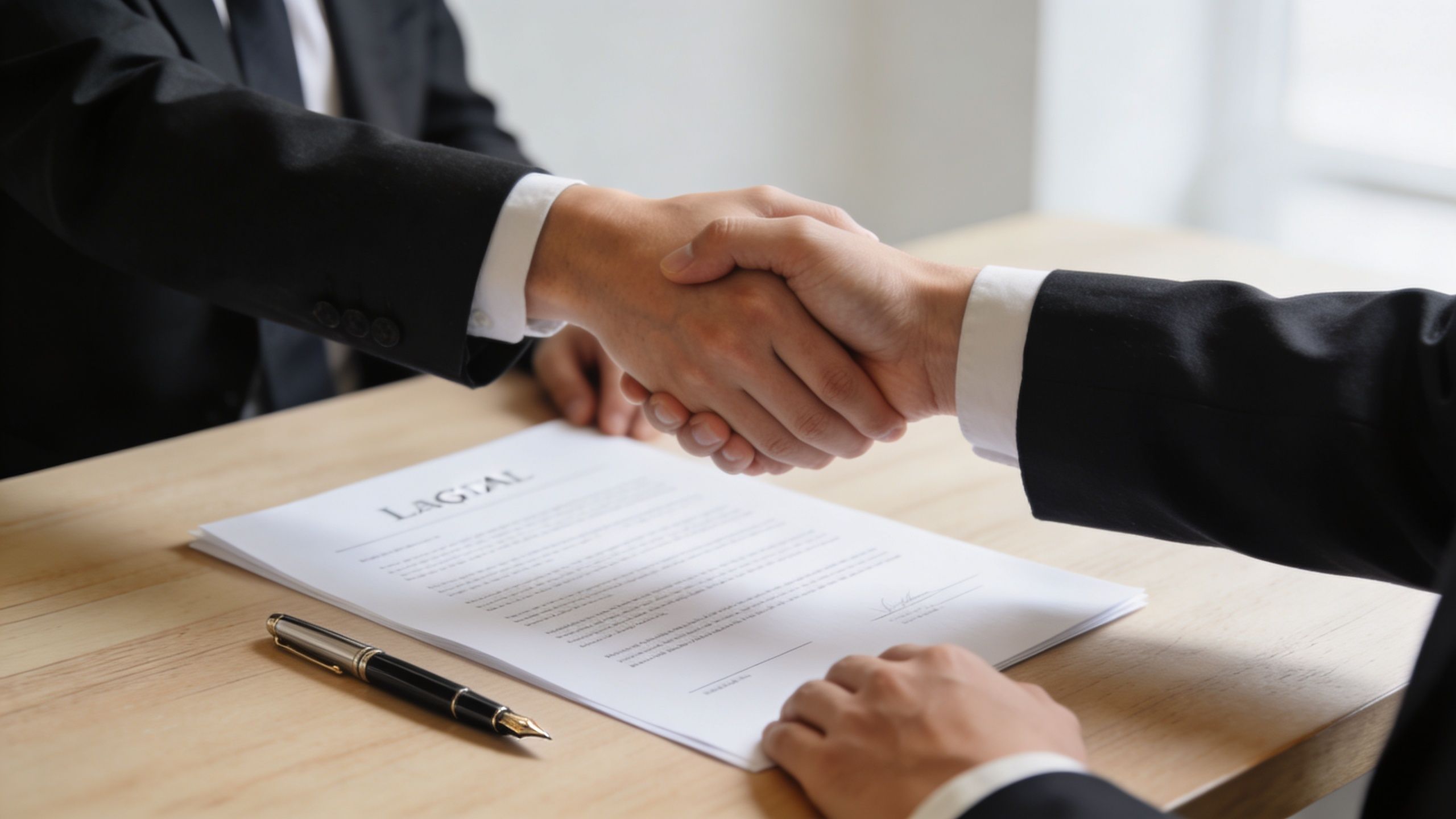 Two professionals in suits shaking hands over a business contract on a wooden office desk.