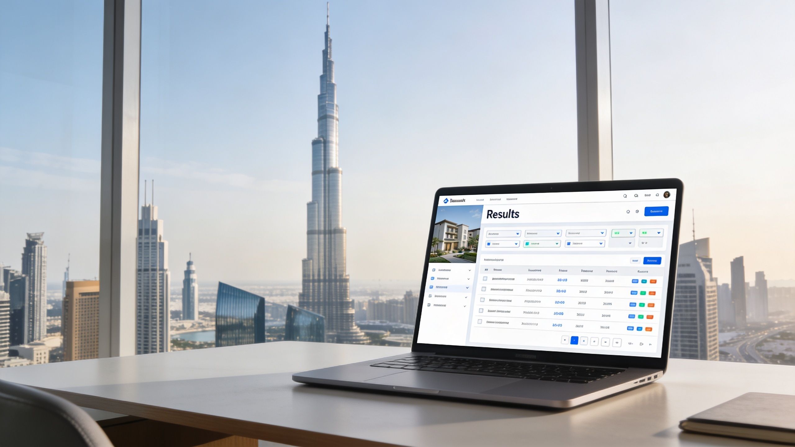 A modern laptop on a desk showing property search results with the Burj Khalifa in the background.