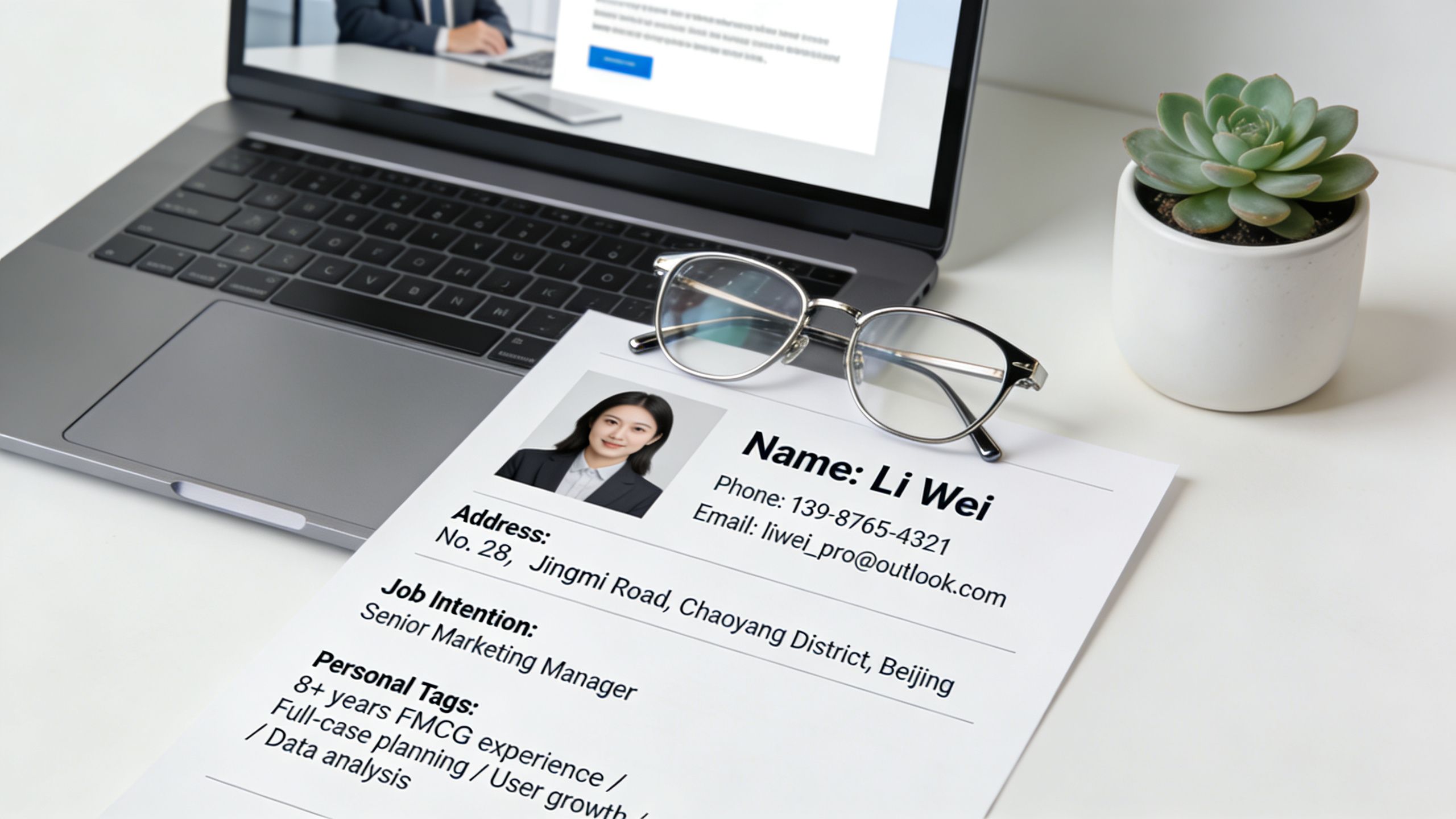 A professional resume with a person's photo, glasses, and a laptop on a white desk.