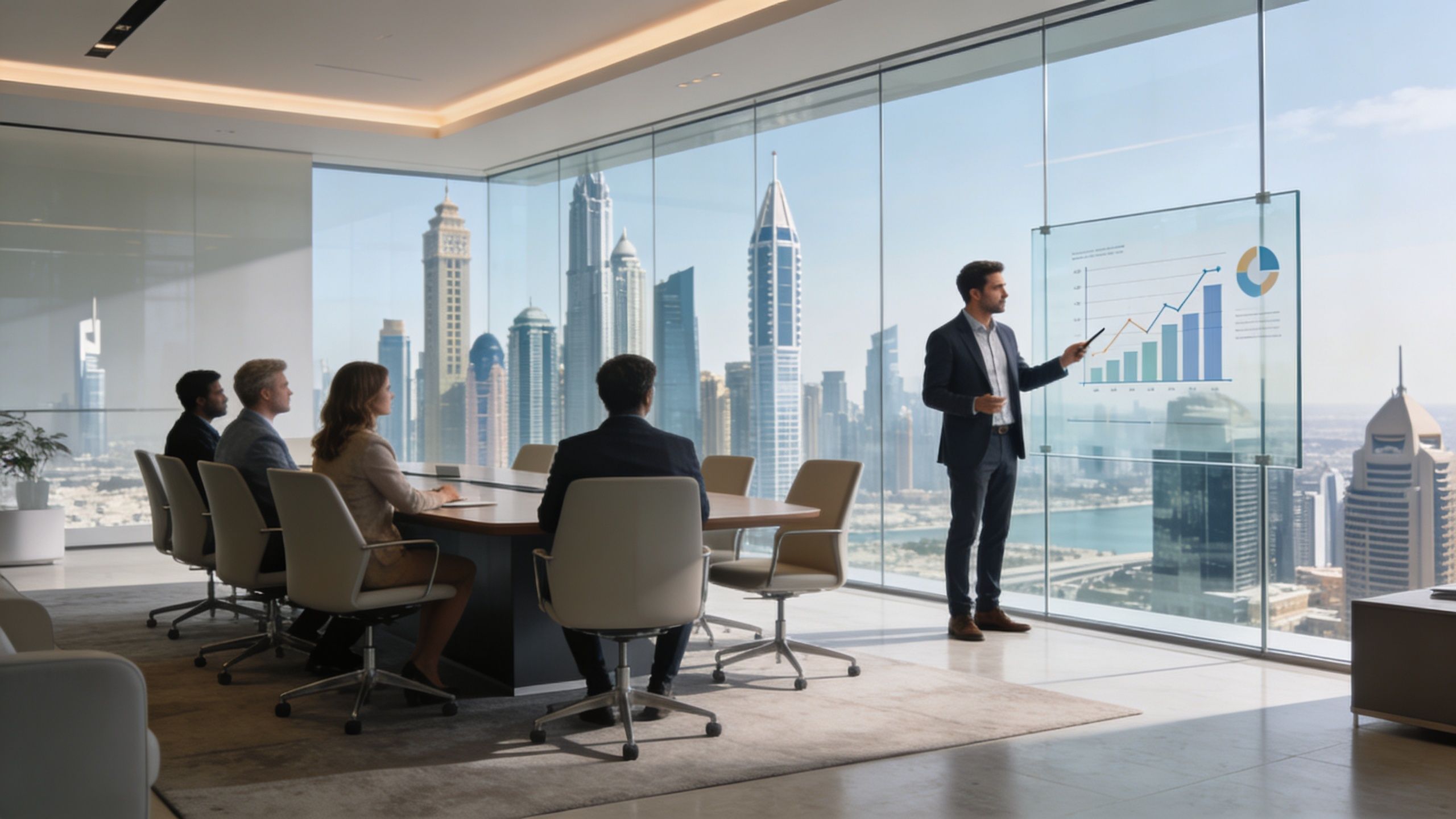 A professional man delivering a business presentation with charts to his colleagues in a modern office boardroom.