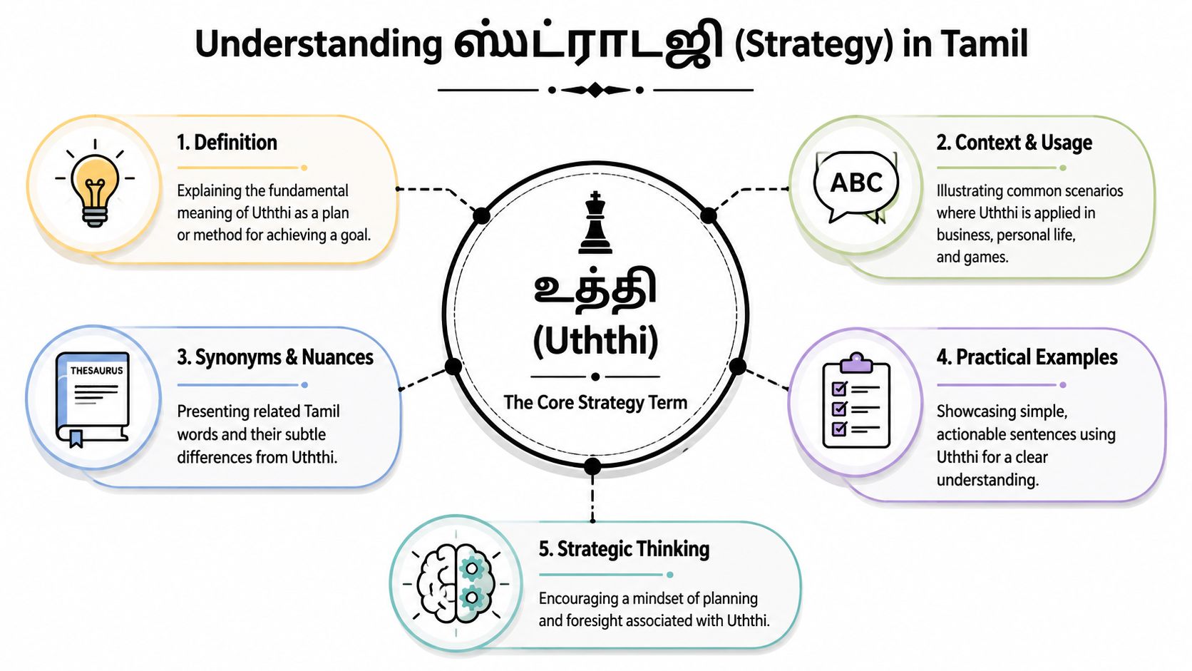 An infographic titled Understanding Strategy in Tamil explaining the term Uththi with five key learning segments.