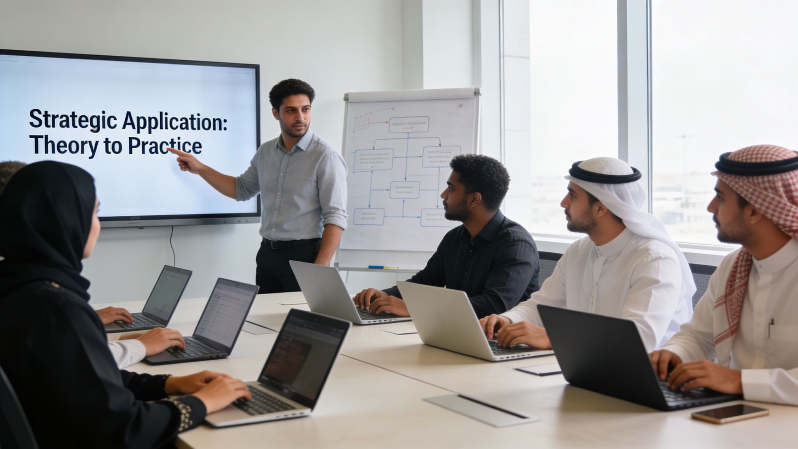 A professional presenter points at a presentation screen while a diverse team works on laptops in an office.