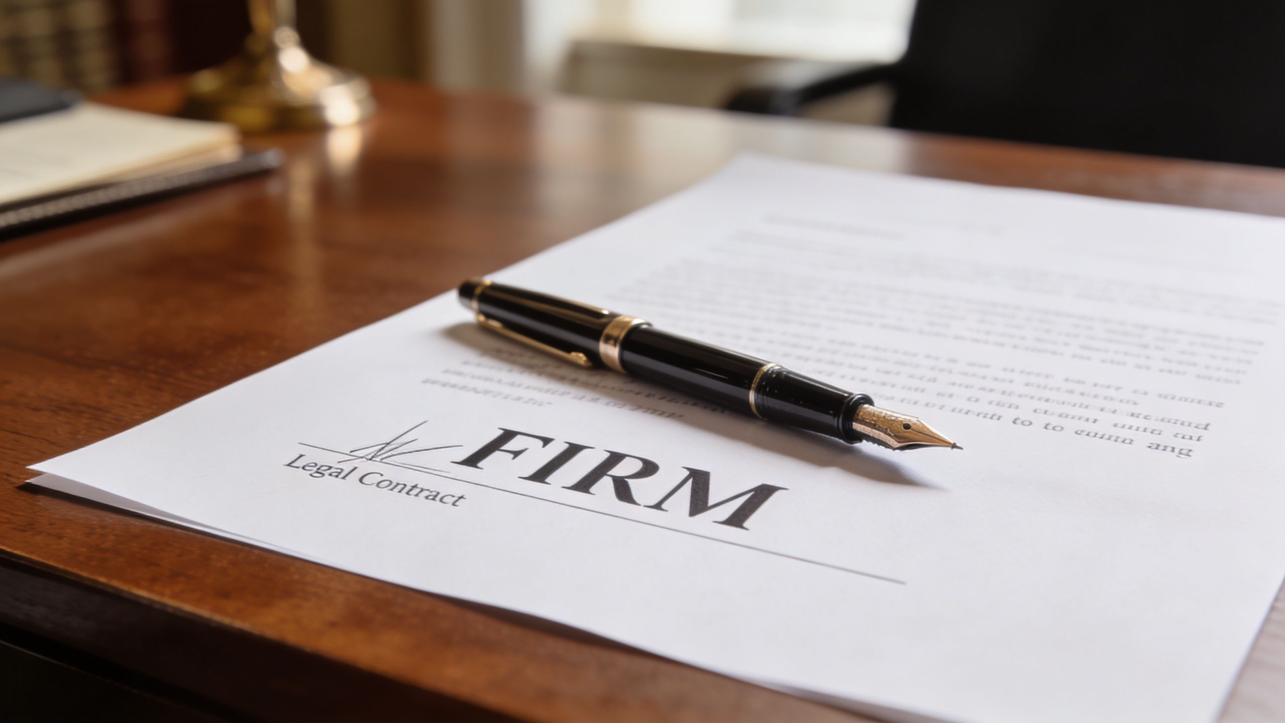 A black fountain pen rests on a legal contract document labeled with the title FIRM.