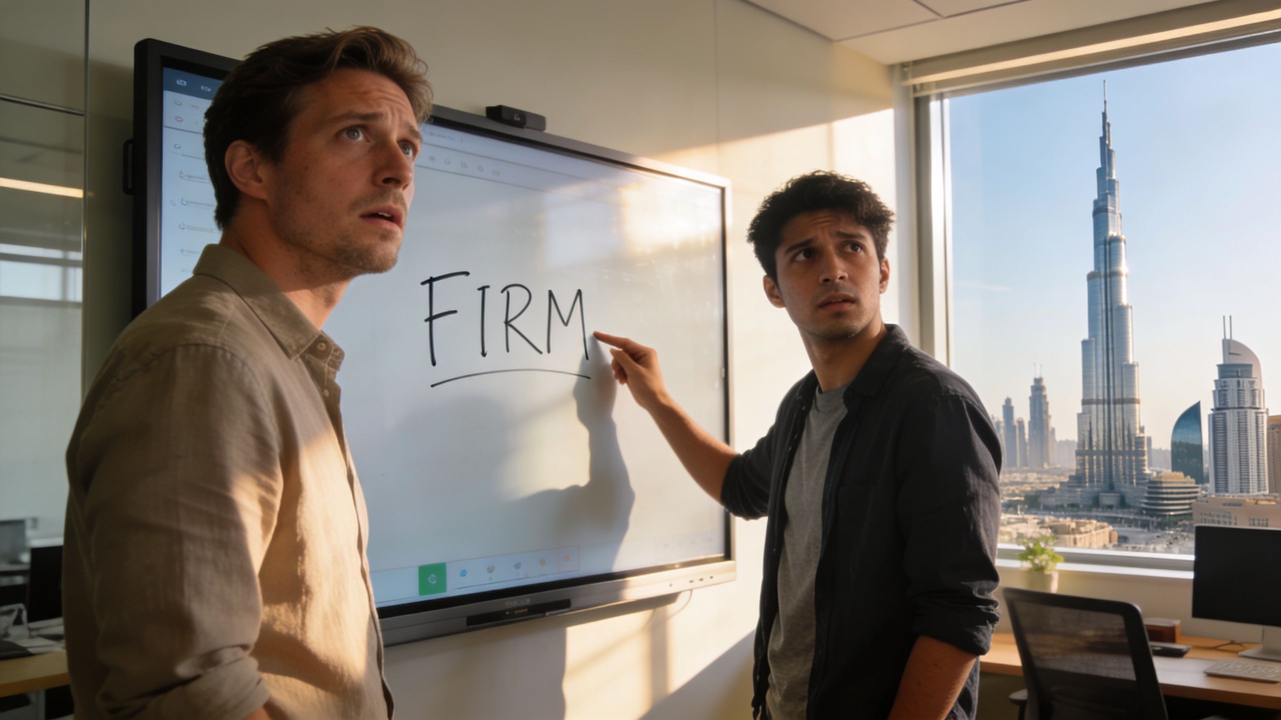 Two professional men standing in a modern office looking at a digital whiteboard with the word FIRM written.