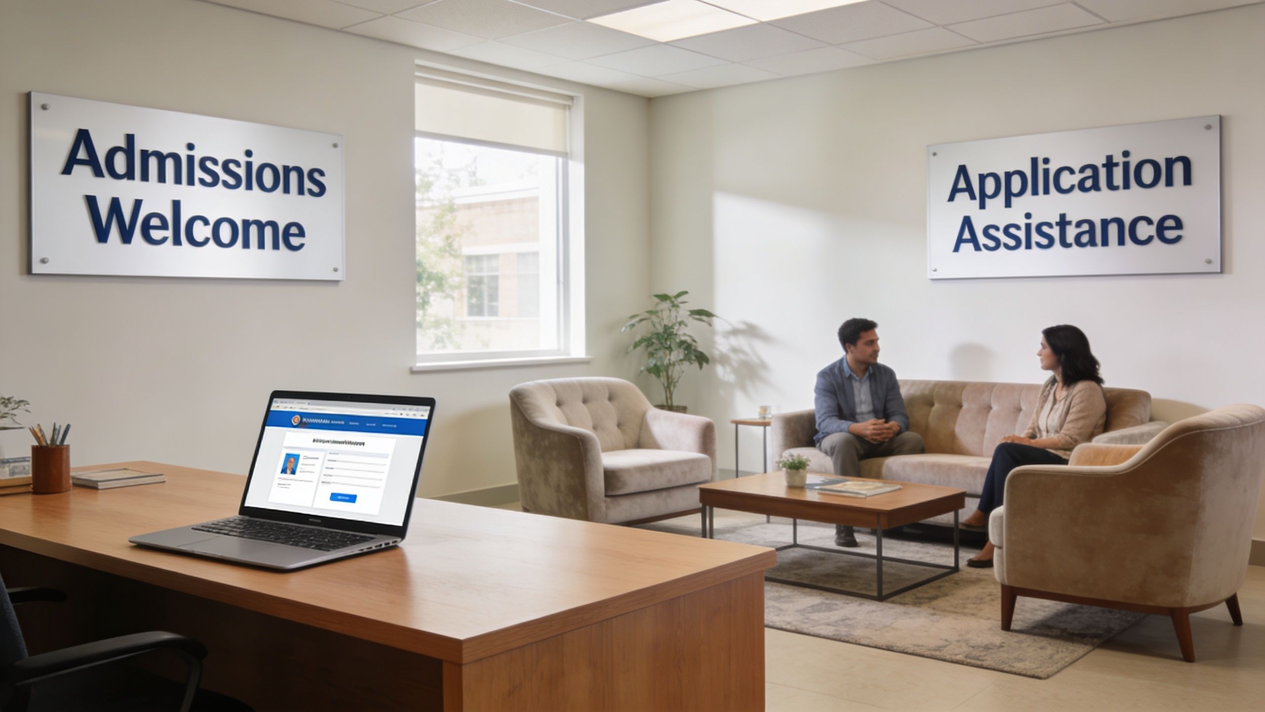 A bright university admissions office with a laptop on a desk and people sitting on a sofa.