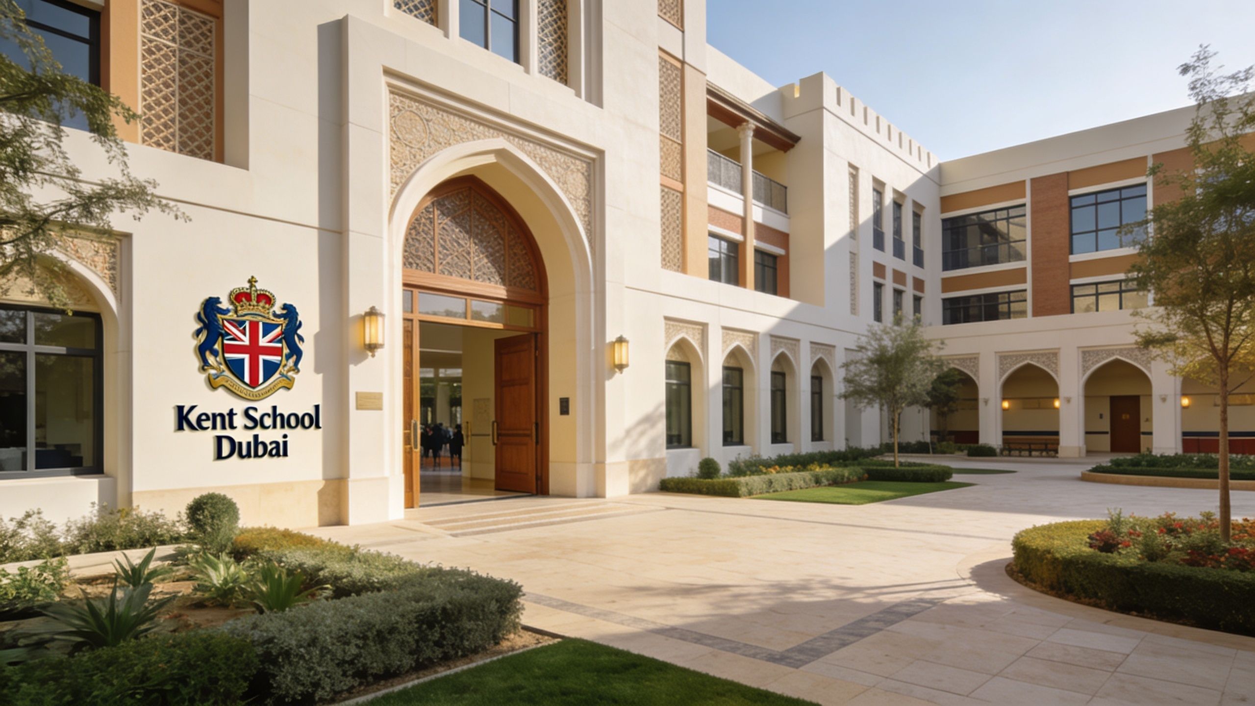 The grand entrance of Kent School Dubai featuring traditional Islamic architectural design and the school emblem.