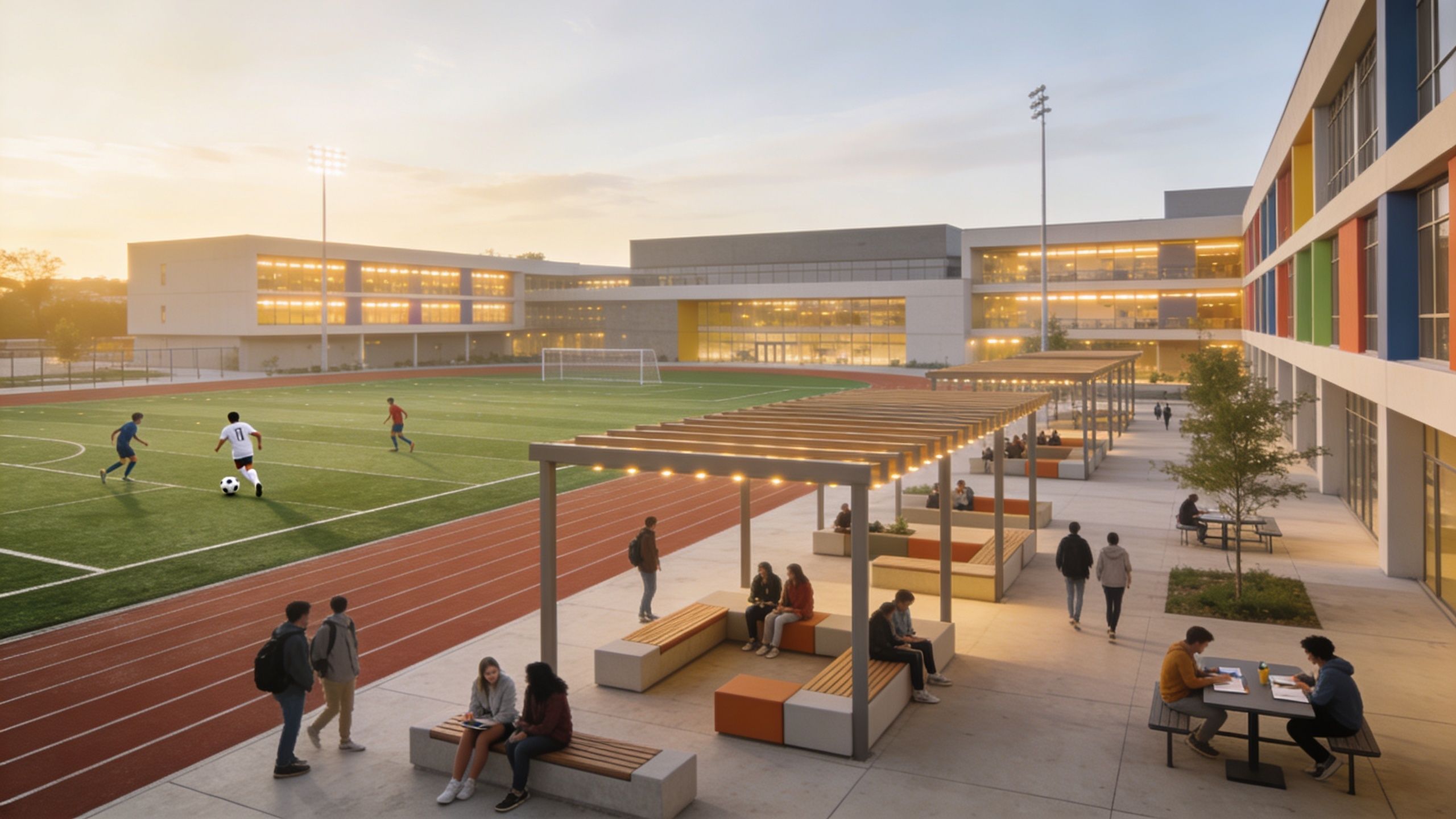 Students gathered in a modern outdoor campus courtyard next to a soccer field at Kent School Dubai.