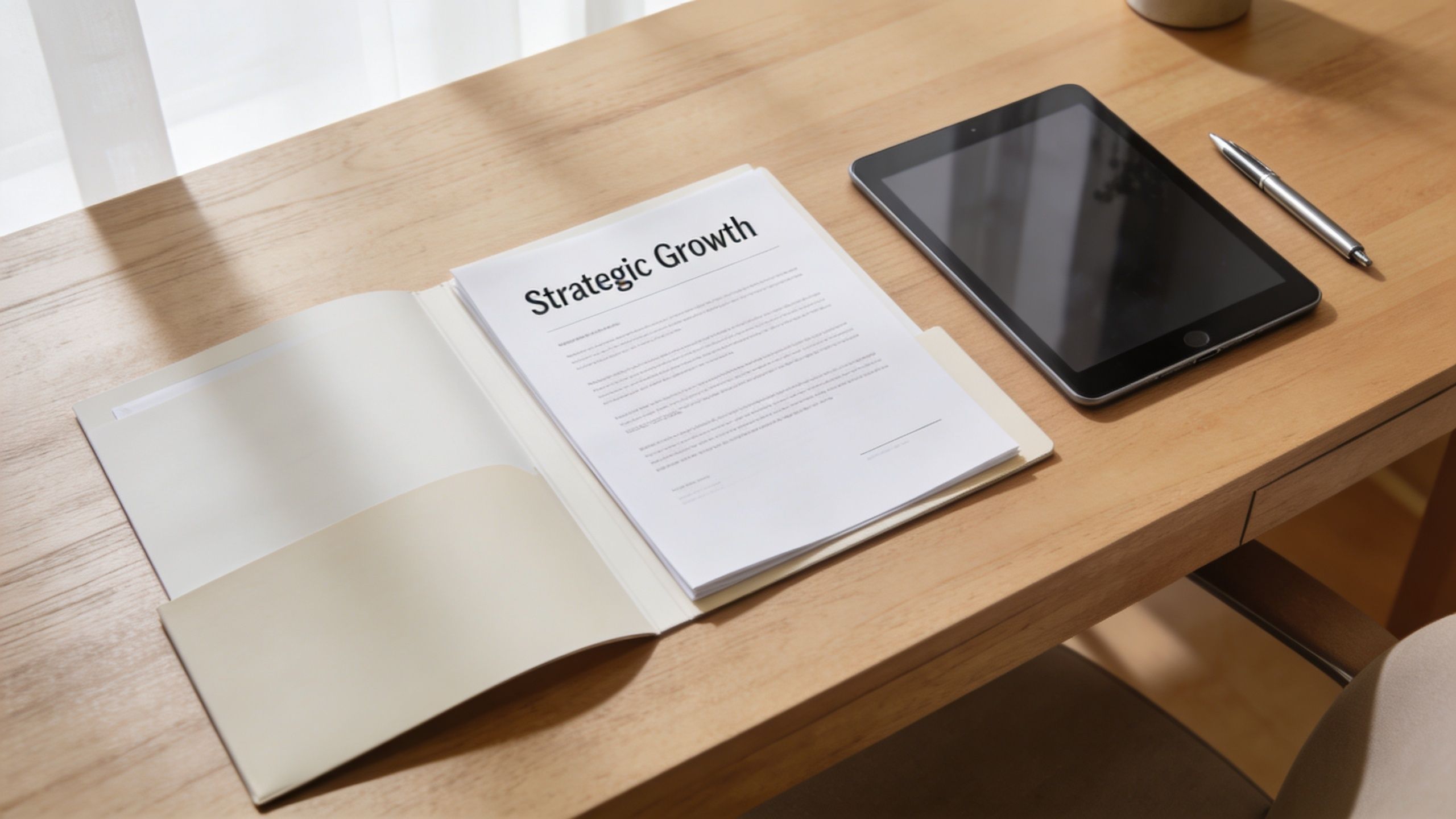 A minimalist office desk with a folder labeled Strategic Growth, a tablet, and a pen.