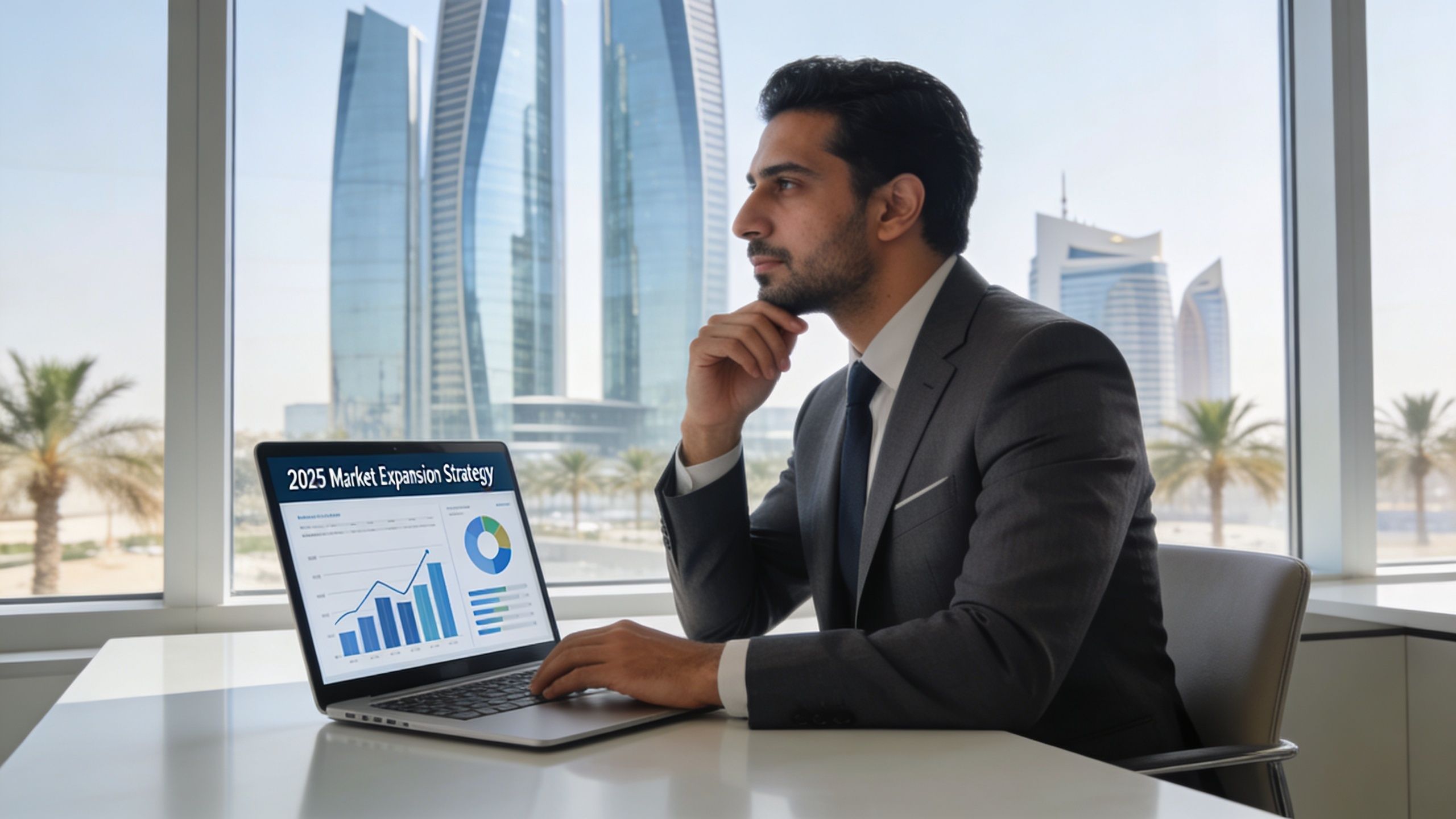 A professional man in a suit working on a laptop displaying 2025 market expansion strategy data.