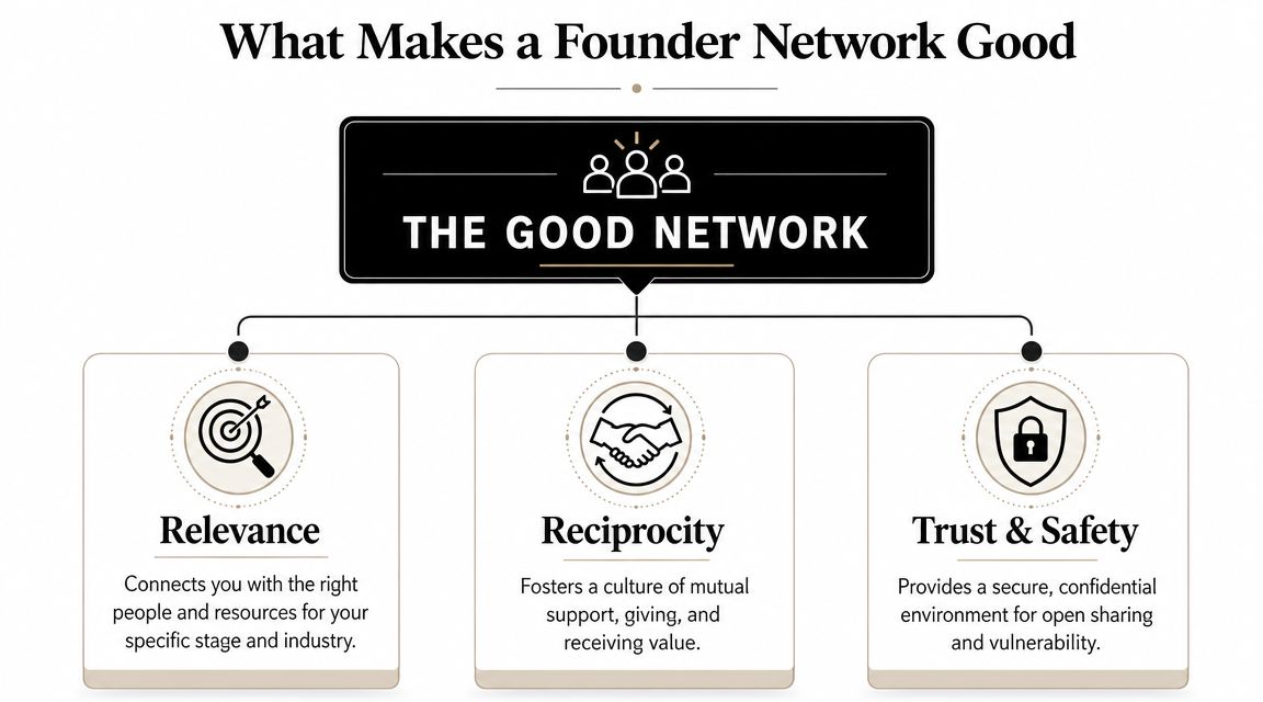 An infographic titled The Good Network detailing three core pillars: Relevance, Reciprocity, and Trust and Safety.