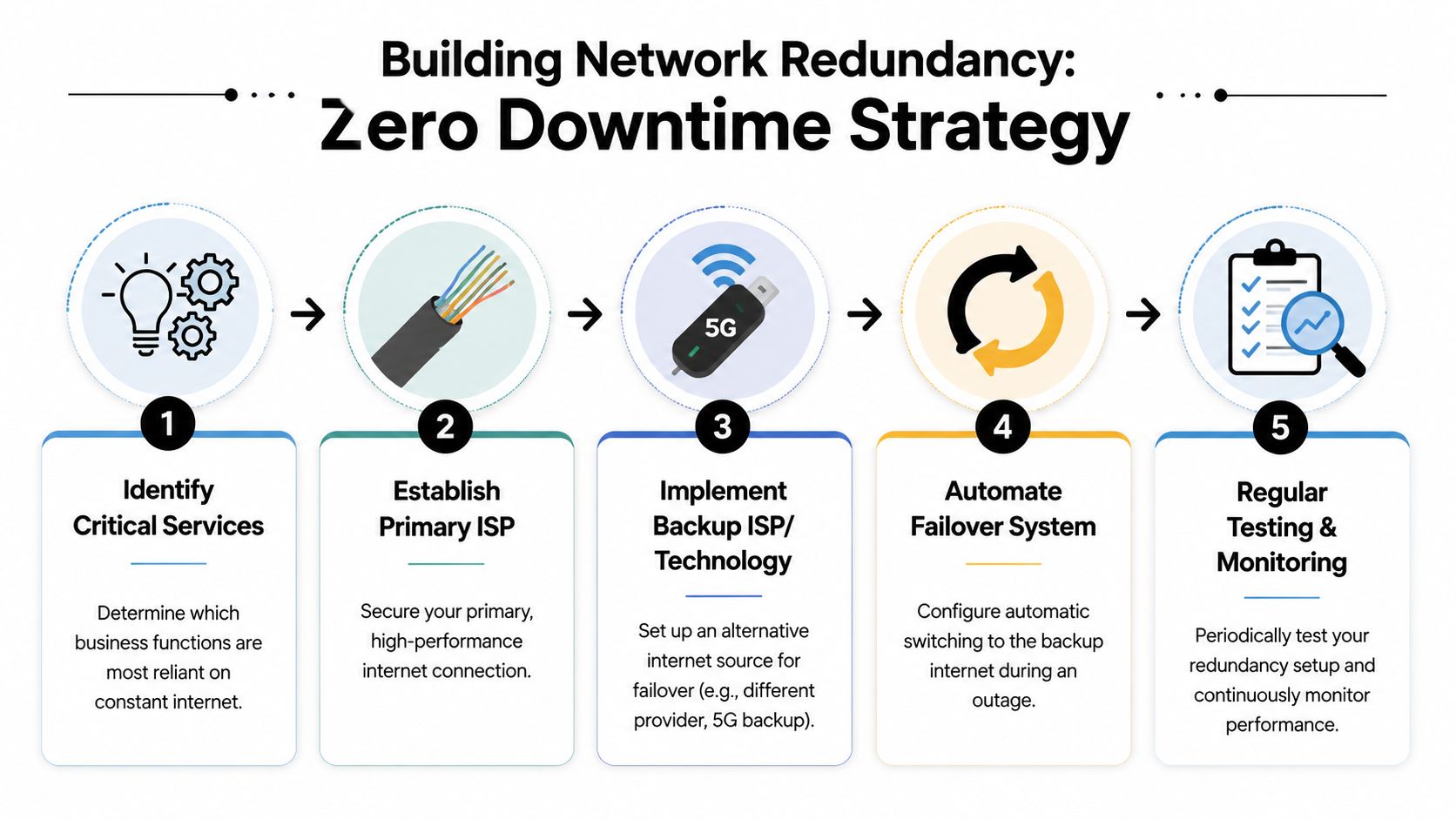 A five-step infographic illustrating a zero downtime strategy for building reliable network redundancy in a business.