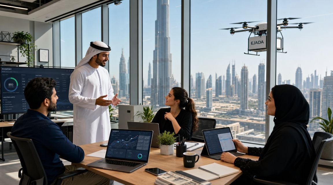 A diverse business team discusses logistics in a modern office with a view of Dubai and a delivery drone.