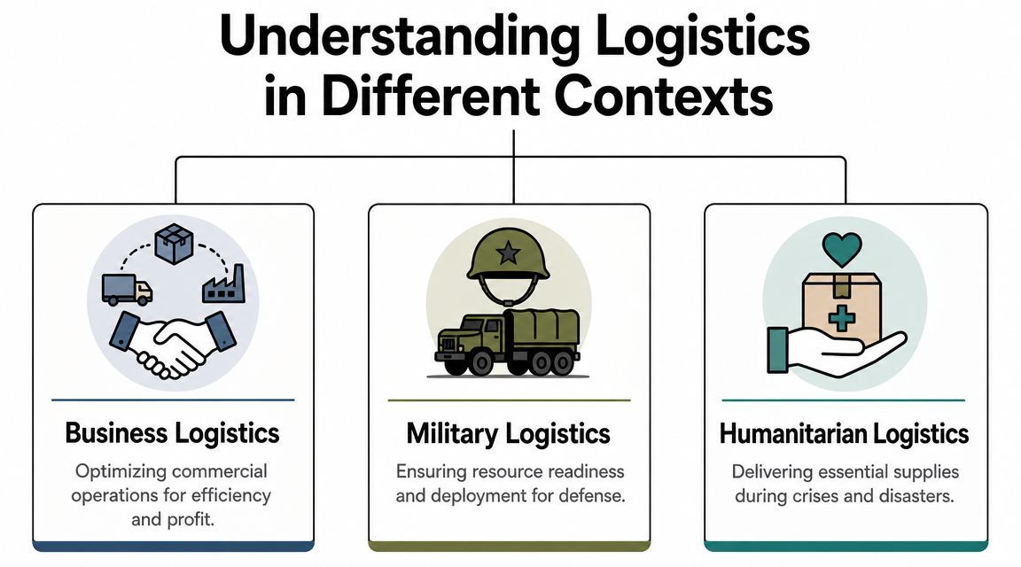 An infographic titled Understanding Logistics in Different Contexts illustrating business, military, and humanitarian logistics operations.