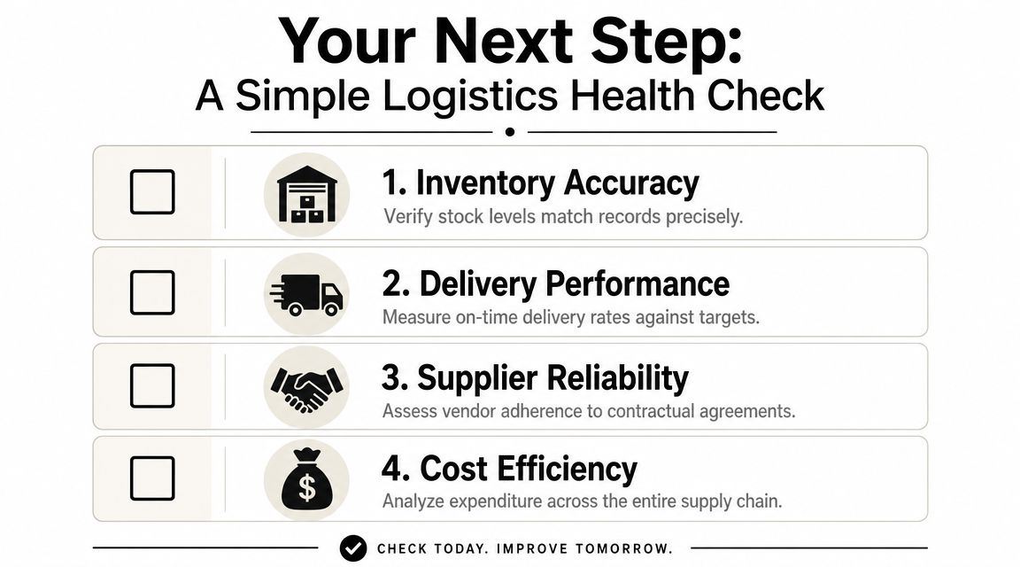 A checklist for a logistics health check, including inventory accuracy, delivery performance, supplier reliability, and cost efficiency.