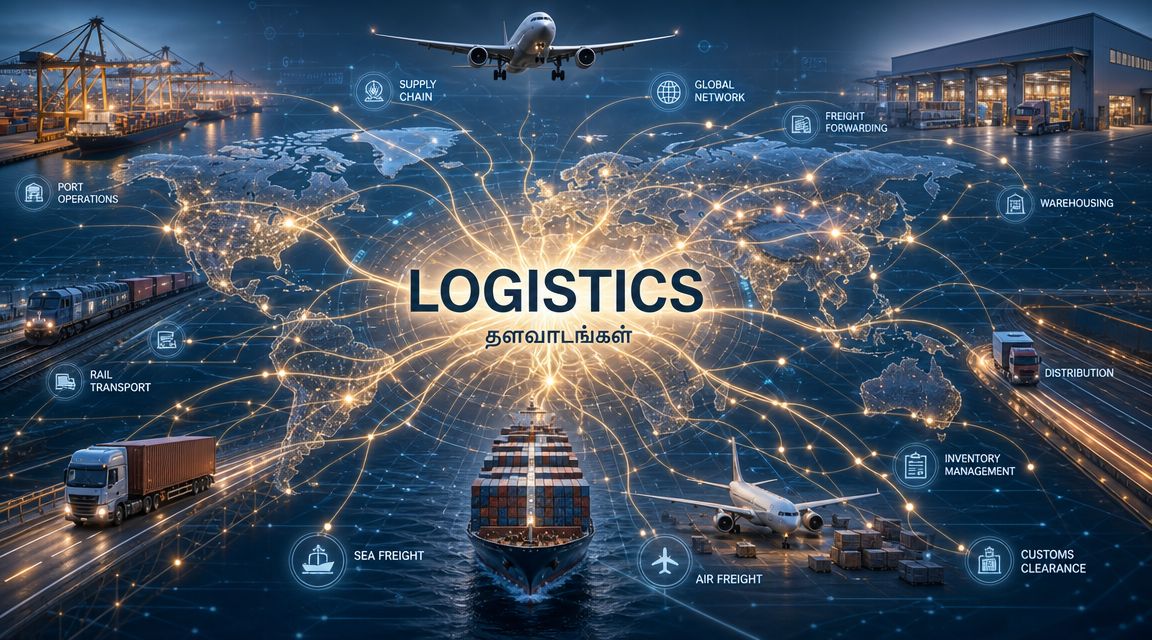 A digital graphic depicting global logistics networks with ships, planes, trucks, trains, and warehouse icons.