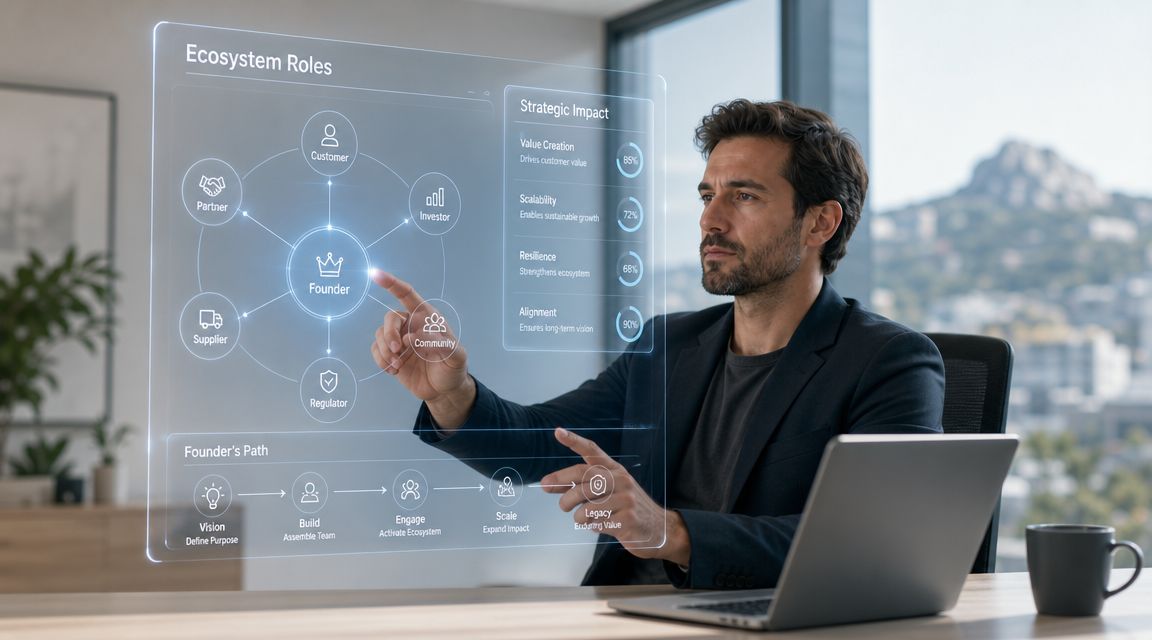 A professional man interacting with a futuristic holographic dashboard showing business ecosystem roles and strategy.