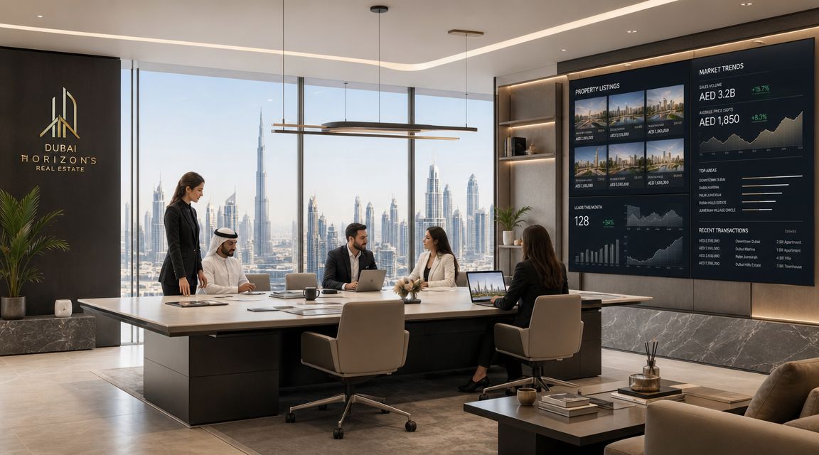 A professional team in a modern Dubai office boardroom discussing real estate business with city views.