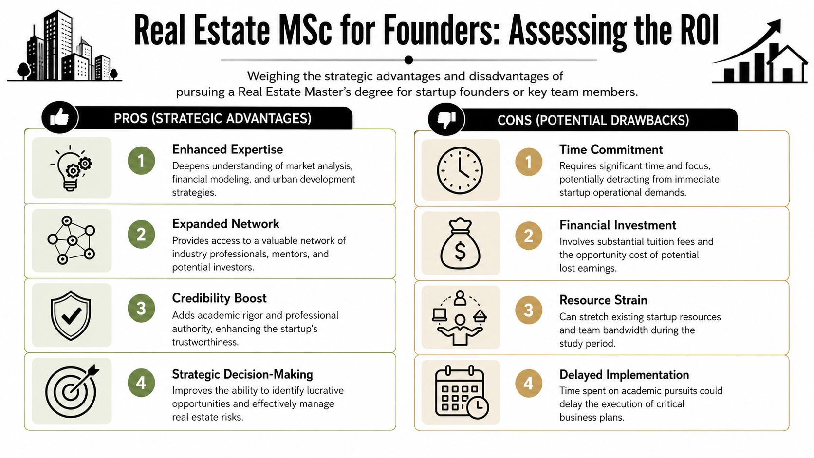 An infographic comparing the pros and cons of pursuing a real estate master's degree for startup founders.