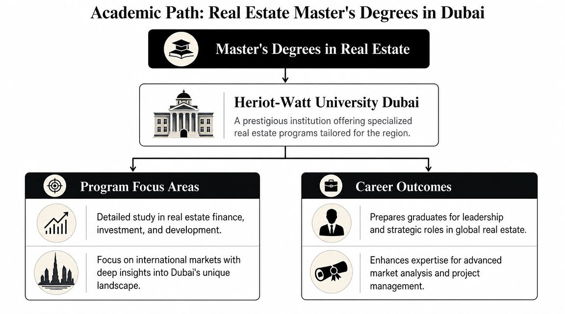 A diagram outlining the academic path for Master's degrees in real estate at Heriot-Watt University Dubai.