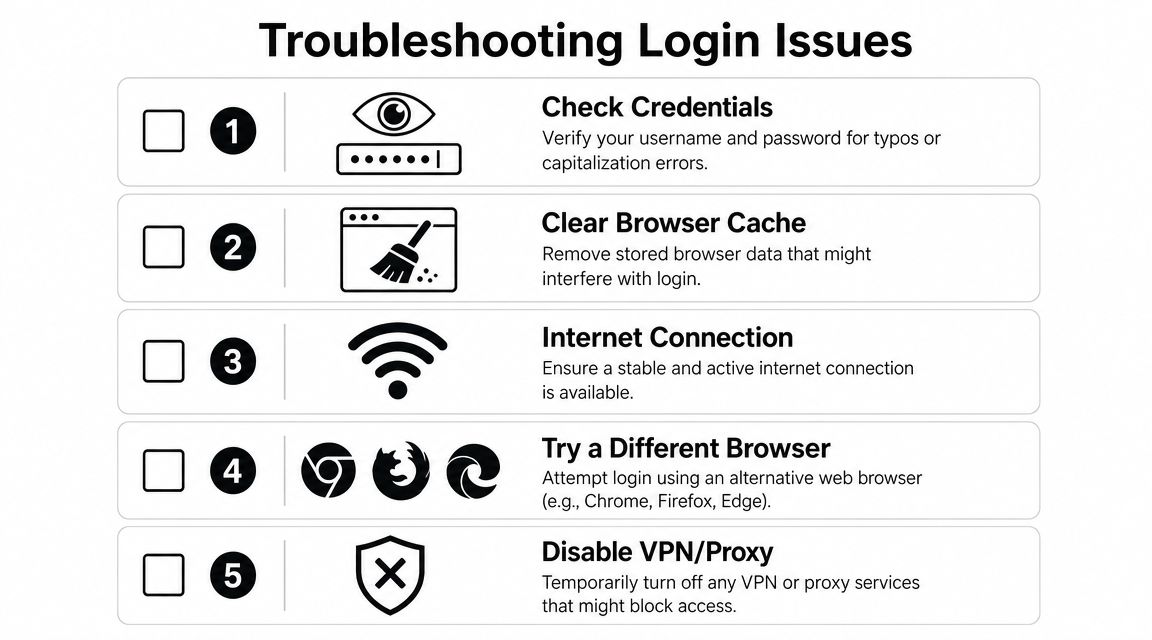 A numbered infographic titled Troubleshooting Login Issues, listing five steps to resolve common web account access problems.