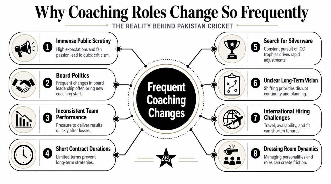 An infographic showing eight reasons for frequent coaching changes within the Pakistan national cricket team.