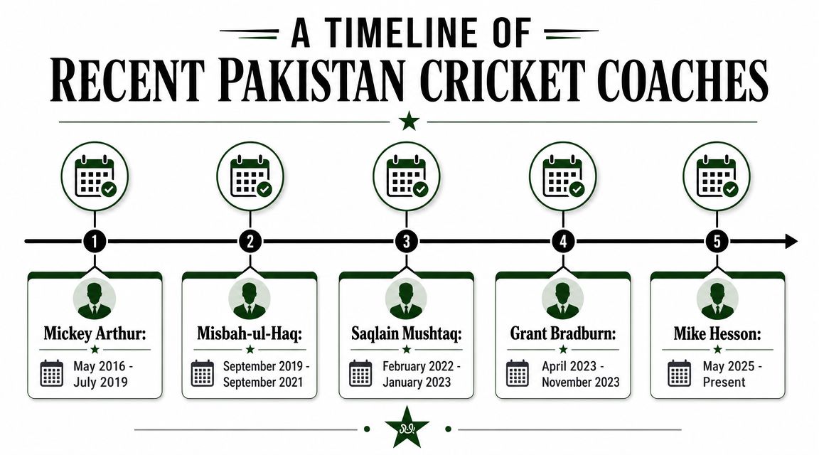 A timeline graphic showing the names and terms of five recent Pakistan cricket team coaches.