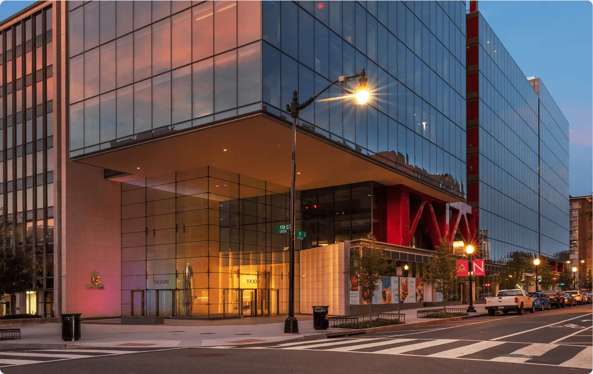 View of a glass building from the street