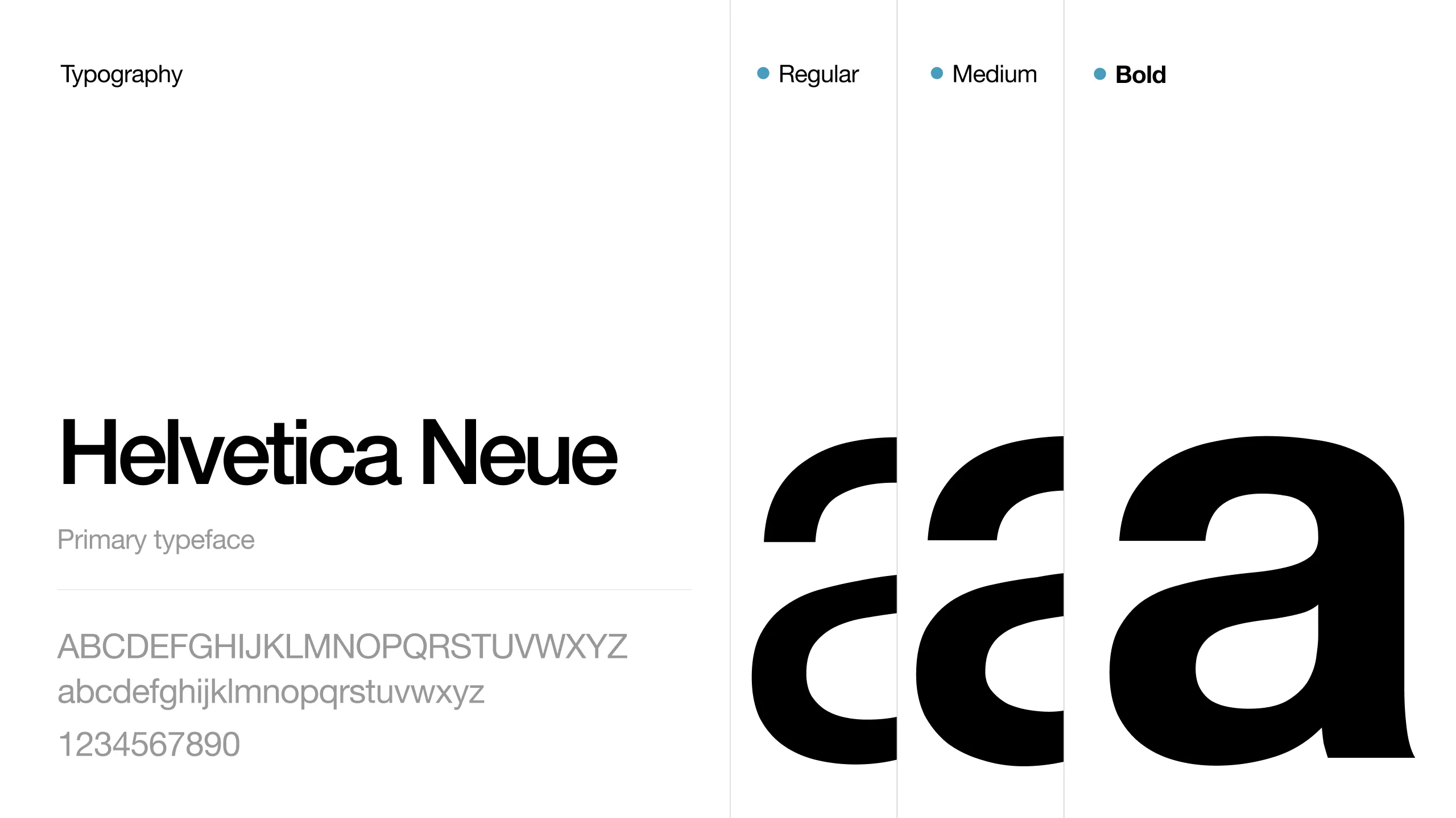 Typography sample showing Helvetica Neue font in Regular, Medium, and Bold weights with alphabets and numbers.