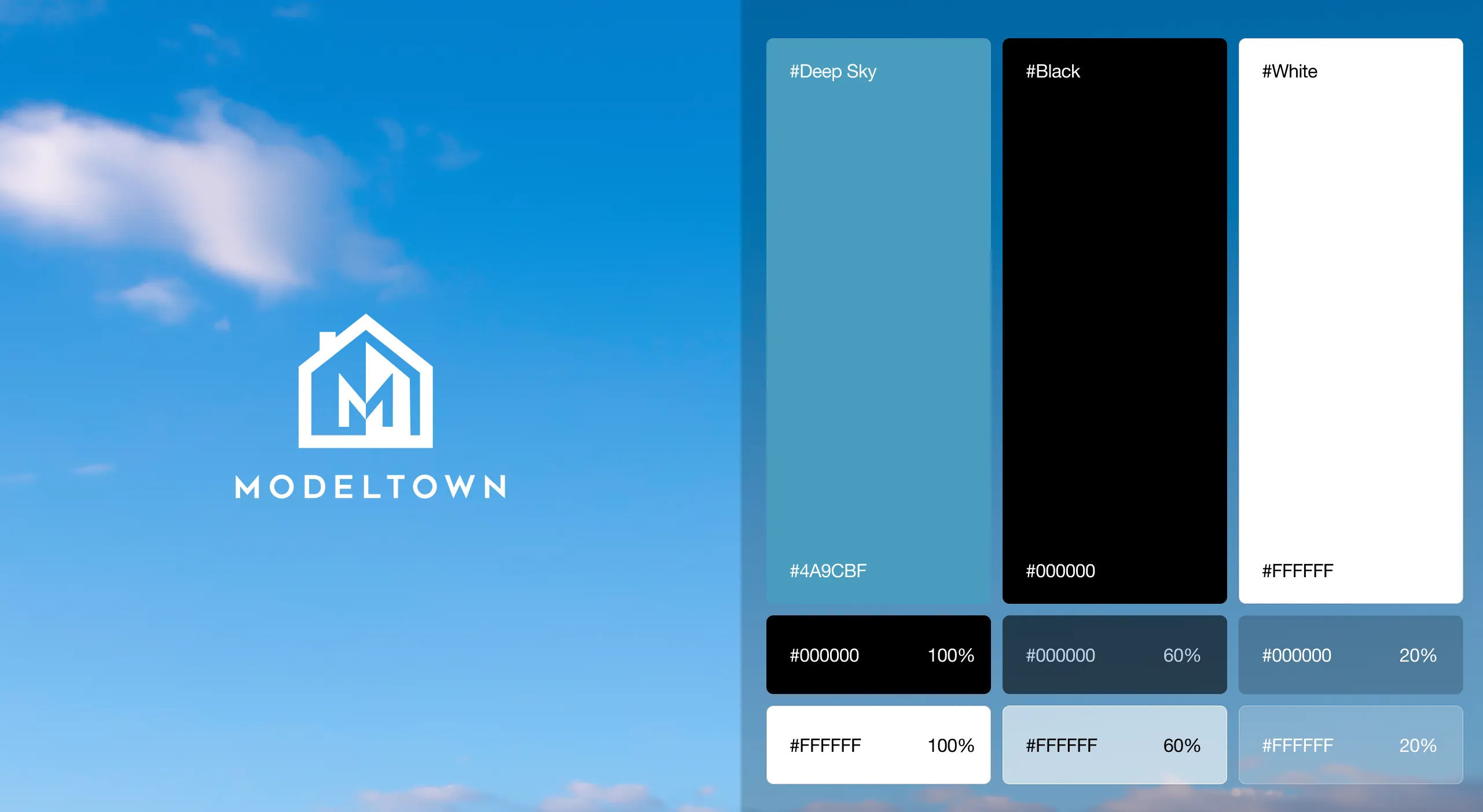 Modeltown logo with an M inside a house outline on blue sky and color codes for Deep Sky, Black, and White.
