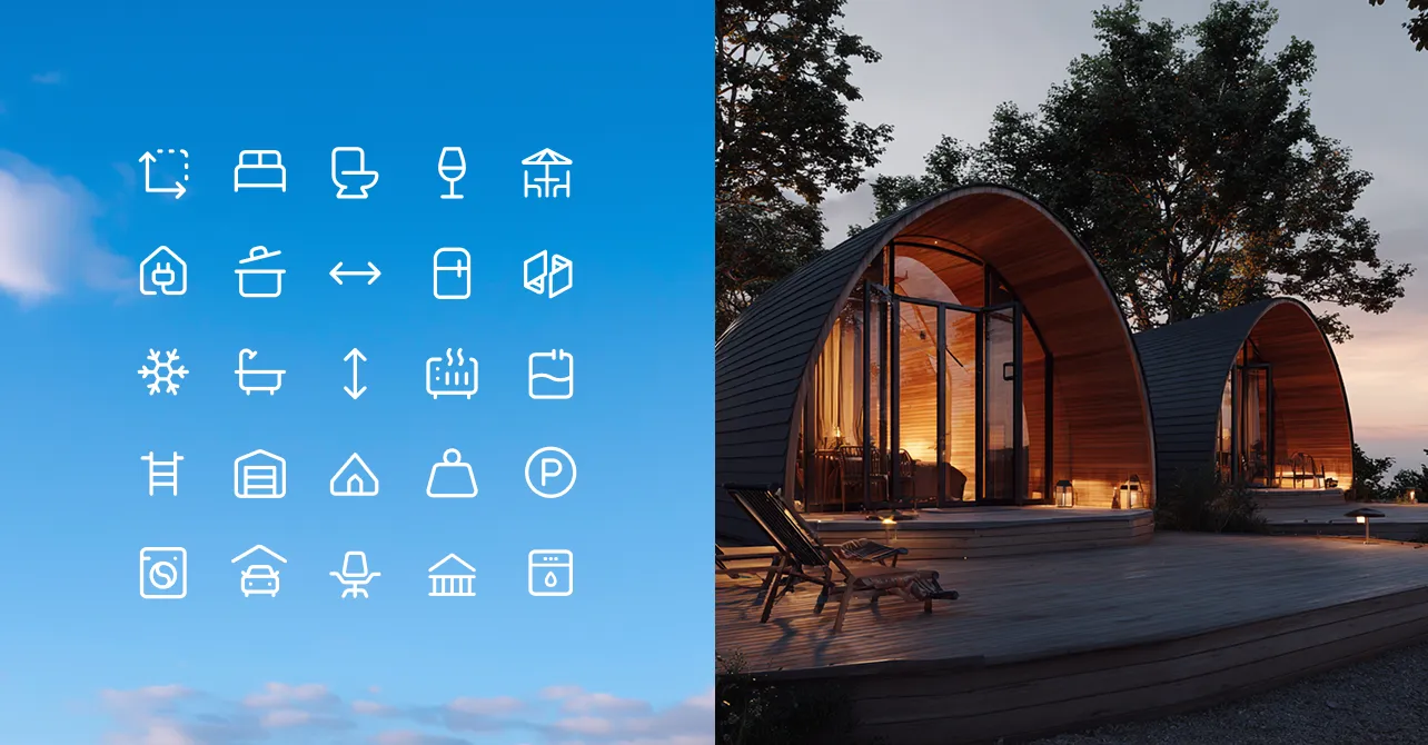 White minimalist icons representing home features against a blue sky beside modern curved wooden cabins at dusk.