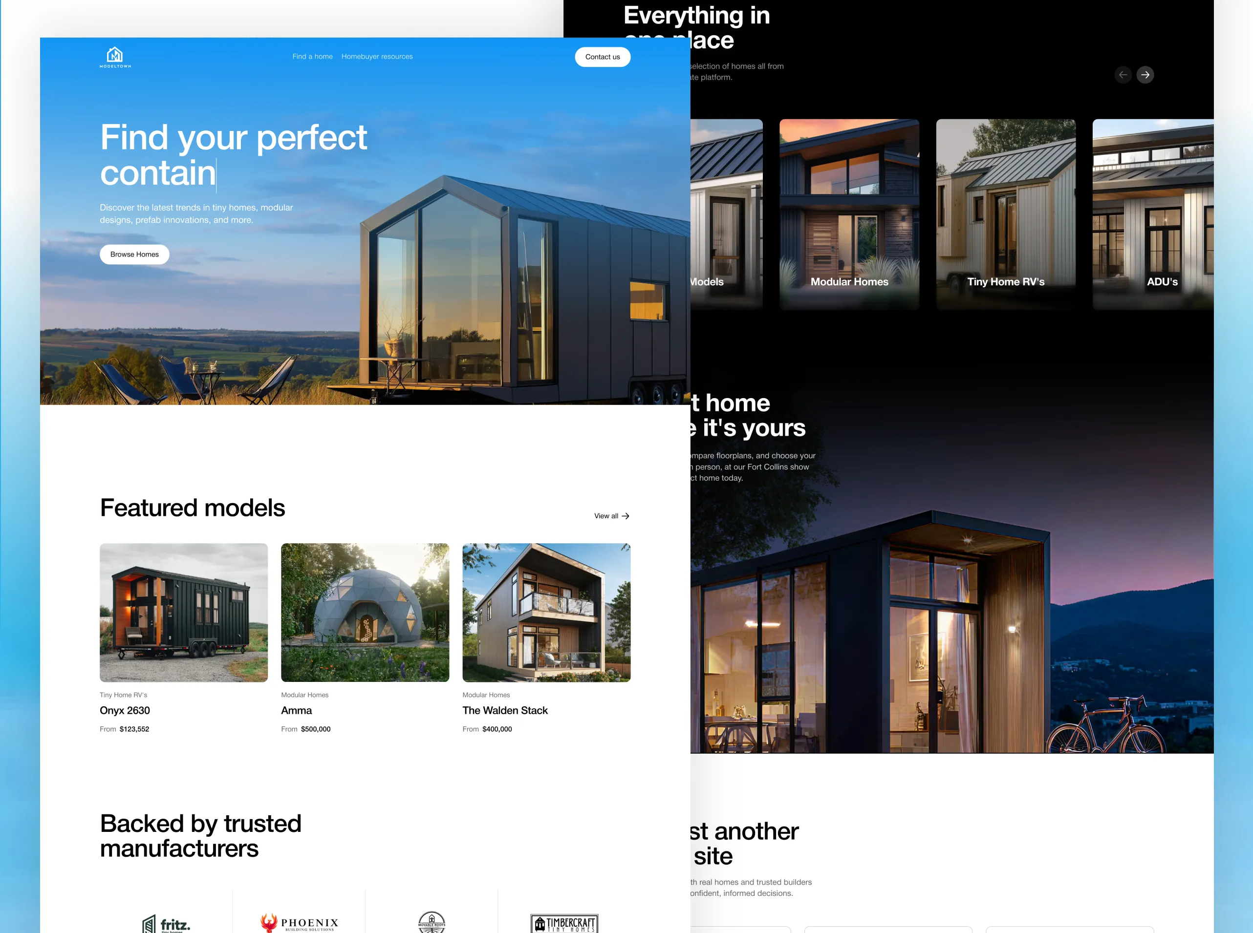 Website homepage showing tiny home with large glass windows and featured models including Onyx 2630, Amma, and Walden Stack.