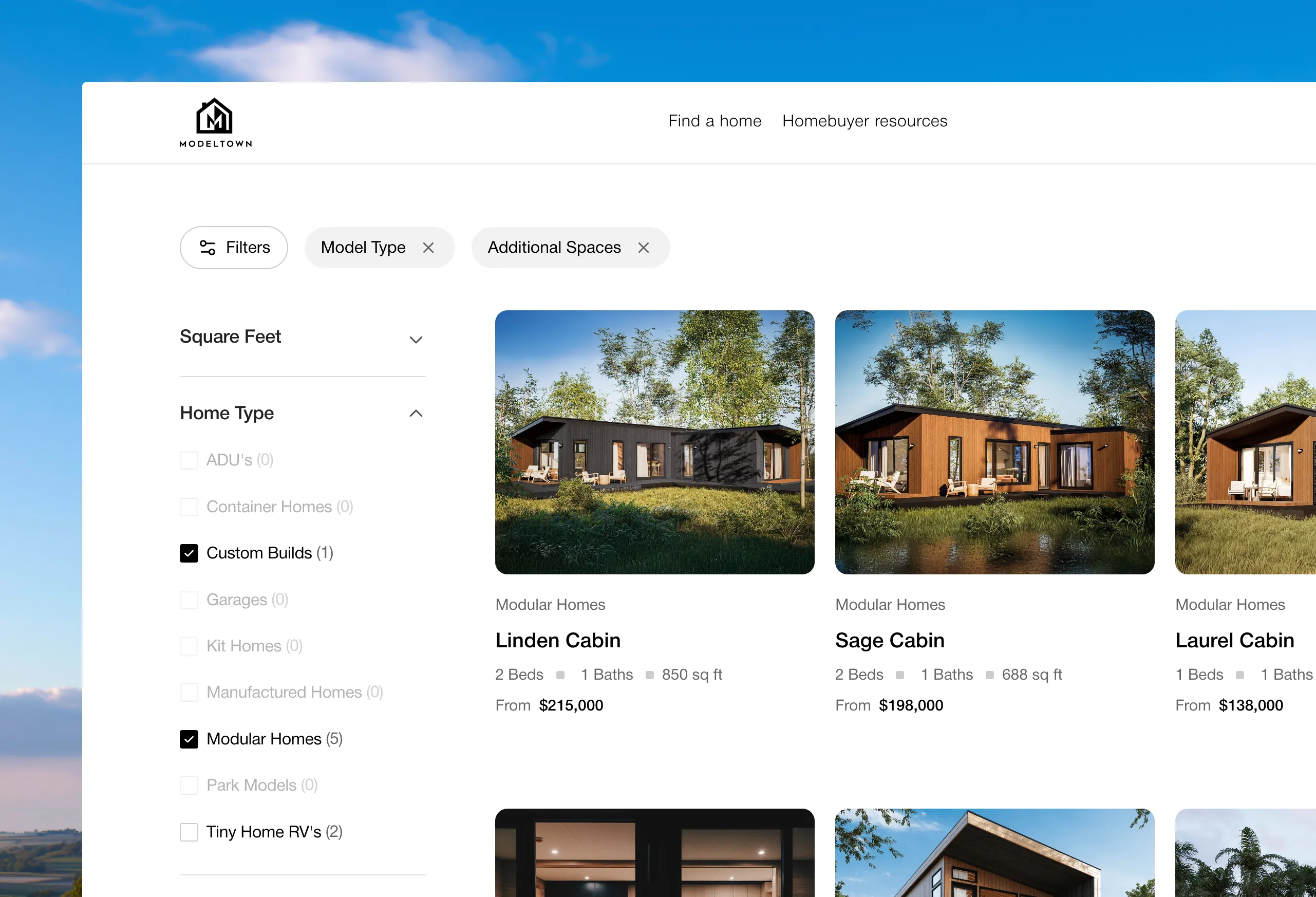 Website listing modular homes with filters for model type and additional spaces selected.