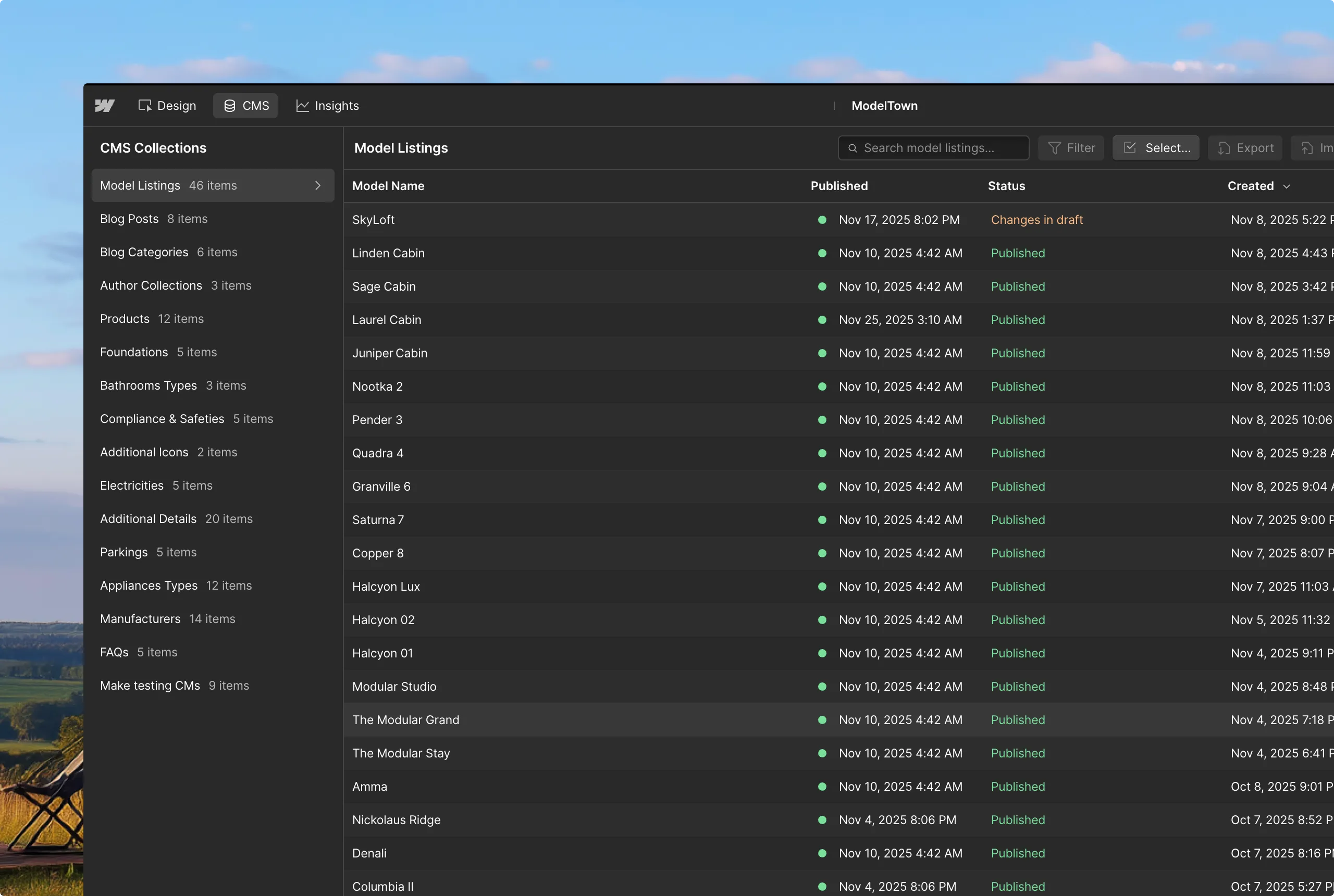 CMS dashboard showing model listings with names, publish dates, status, and creation dates.