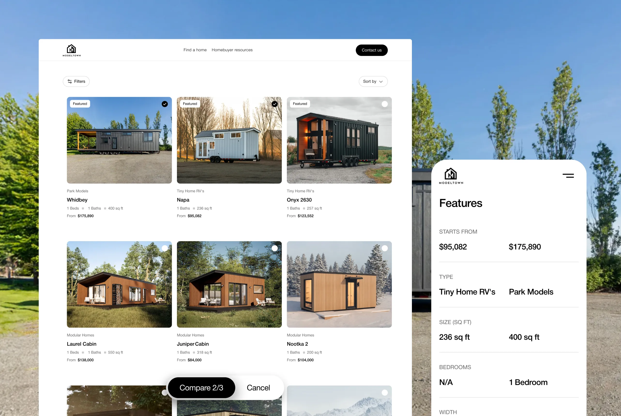 Website listing of tiny homes and park models with prices, beds, baths, and square footage, plus comparison feature.