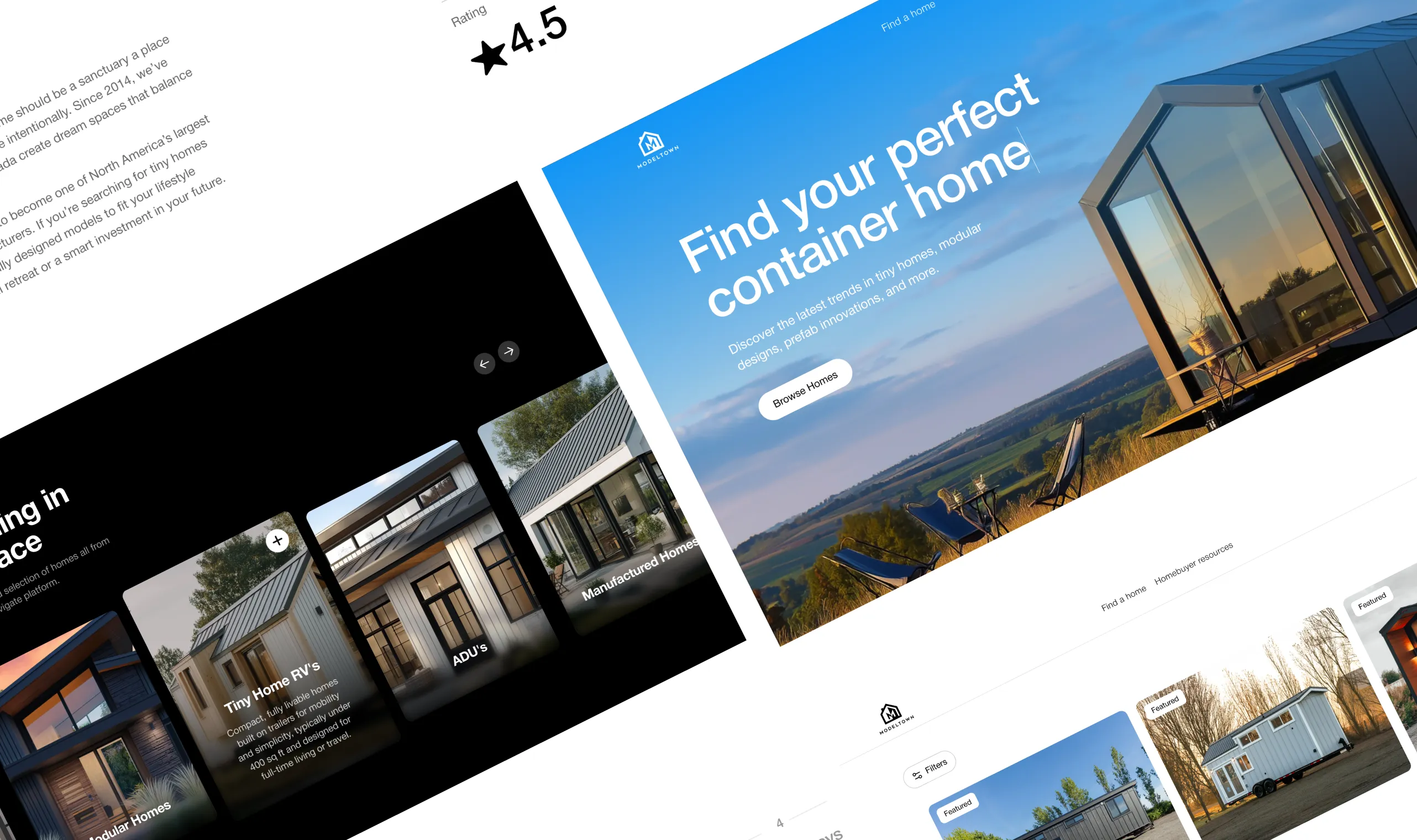 Website homepage showcasing container homes with a 4.5-star rating and home categories on a black background.