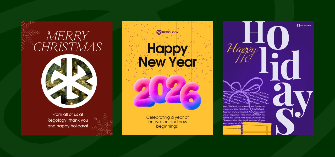 Three holiday cards: Merry Christmas burgundy card, Happy New Year 2026 yellow card, and purple Happy Holidays card.