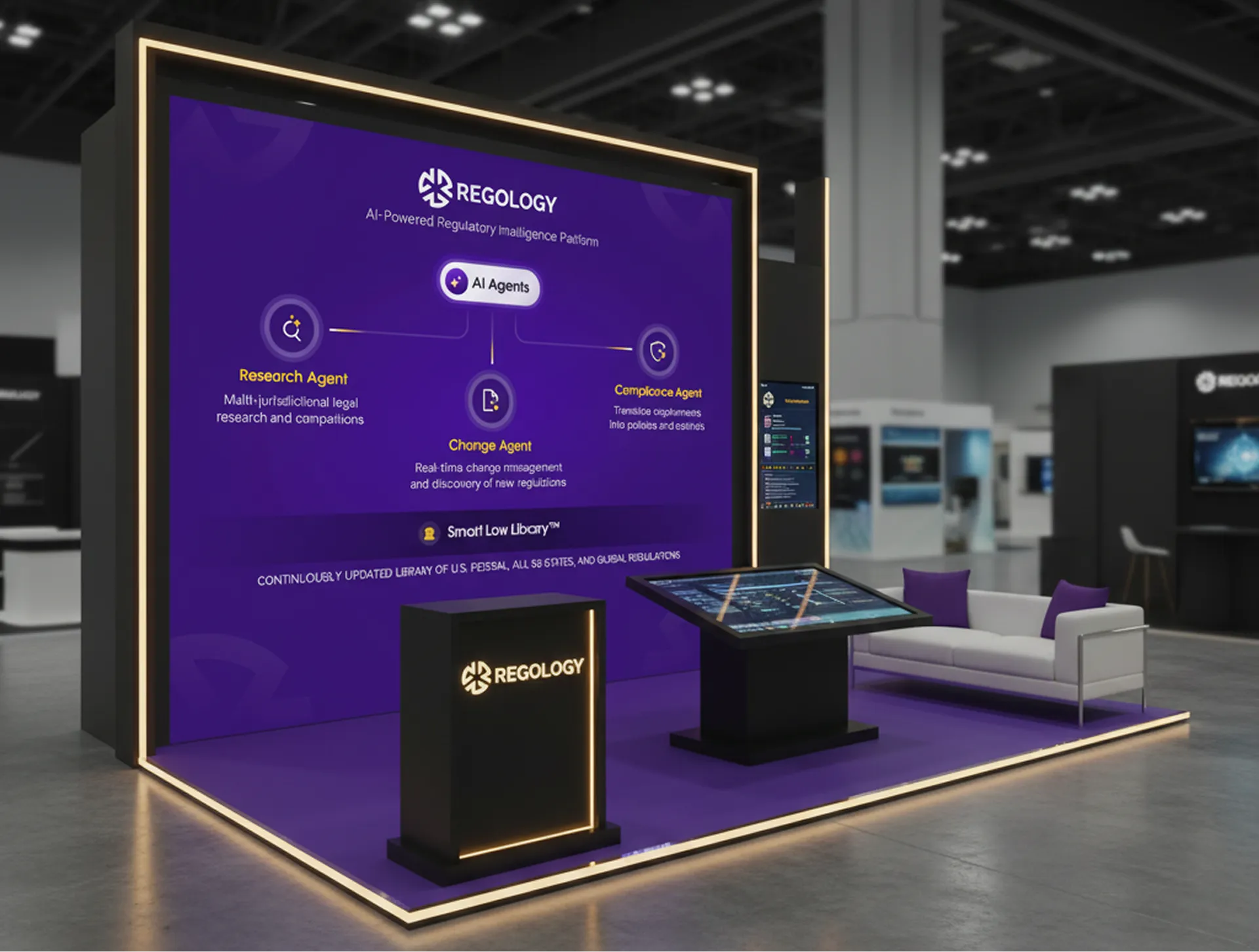 Regology booth with a purple backdrop showcasing AI Agents for legal research, change, and compliance.