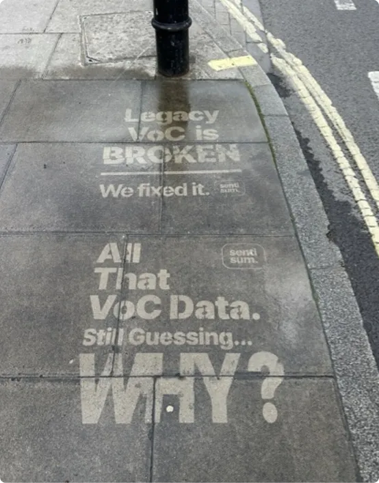 Sidewalk text reads: Legacy Voc is BROKEN We fixed it. All That Voc Data. Still Guessing... WHY?