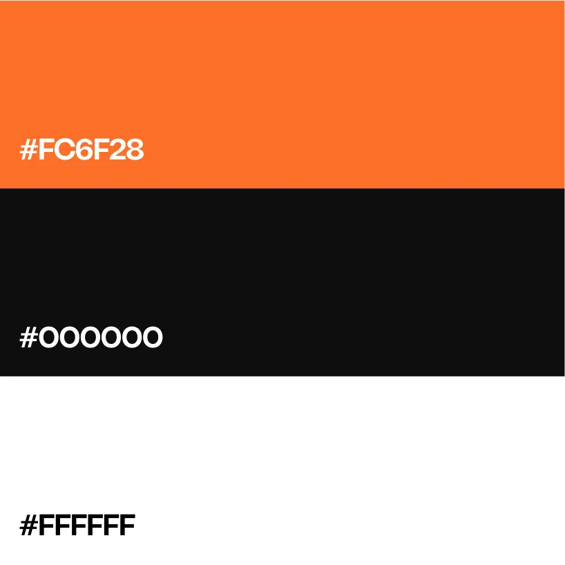 Three horizontal color bars: orange with #FC6F28, black with #000000, and white with #FFFFFF hex codes.